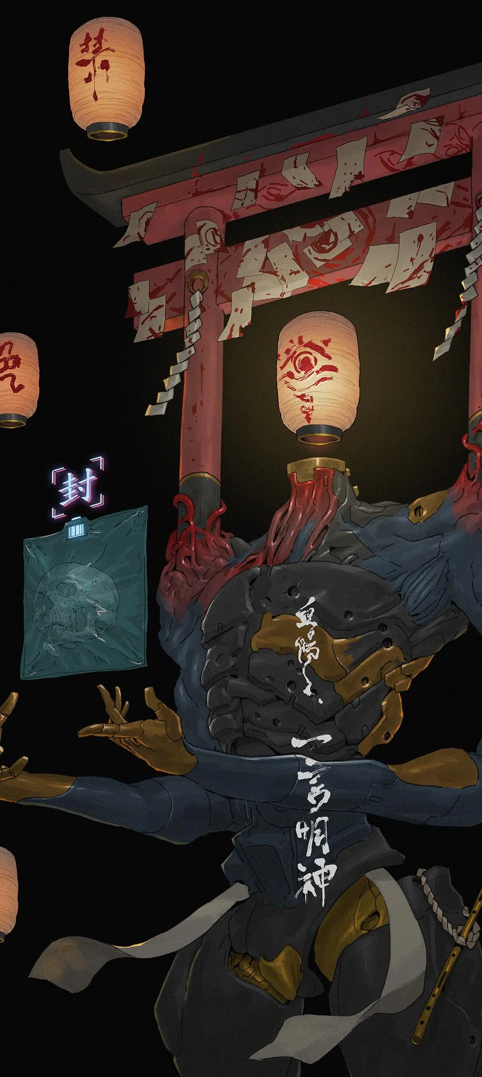 Futuristic Oni Guardian Standing Under Cursed Torii Gate