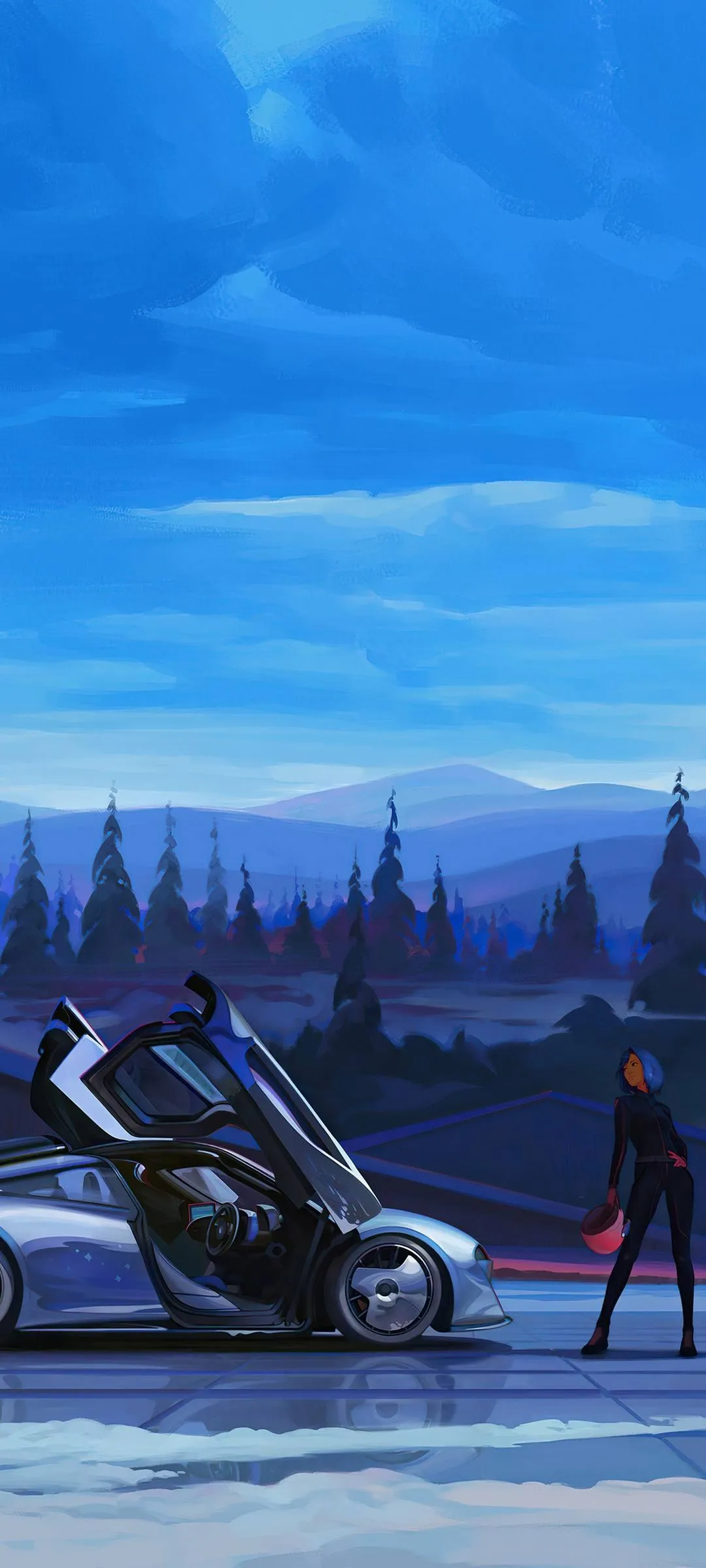 Futuristic Racer Beside Sleek Car Under Blue Sky Image