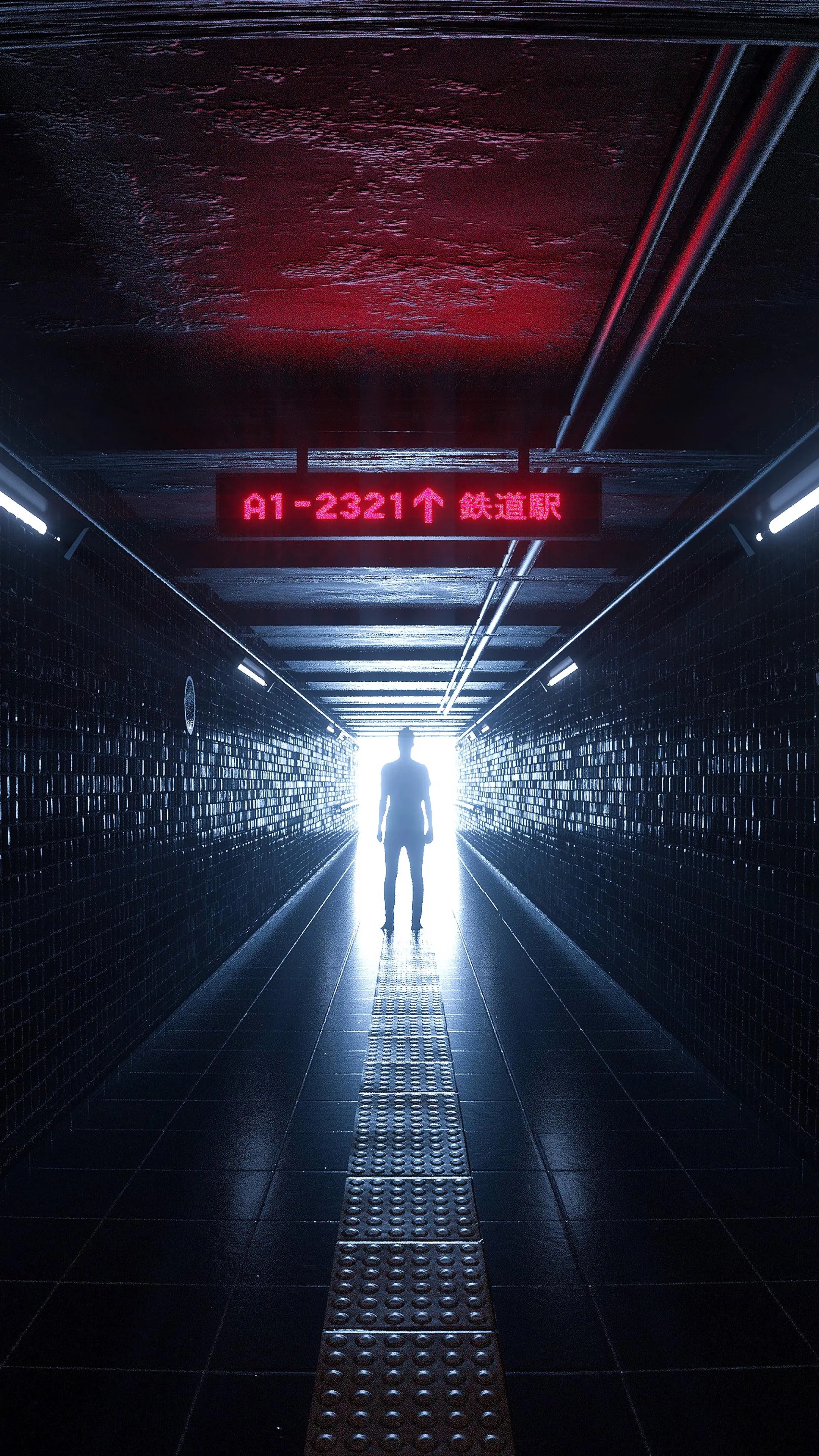 Futuristic Red Hallway with Glowing White Light Exit