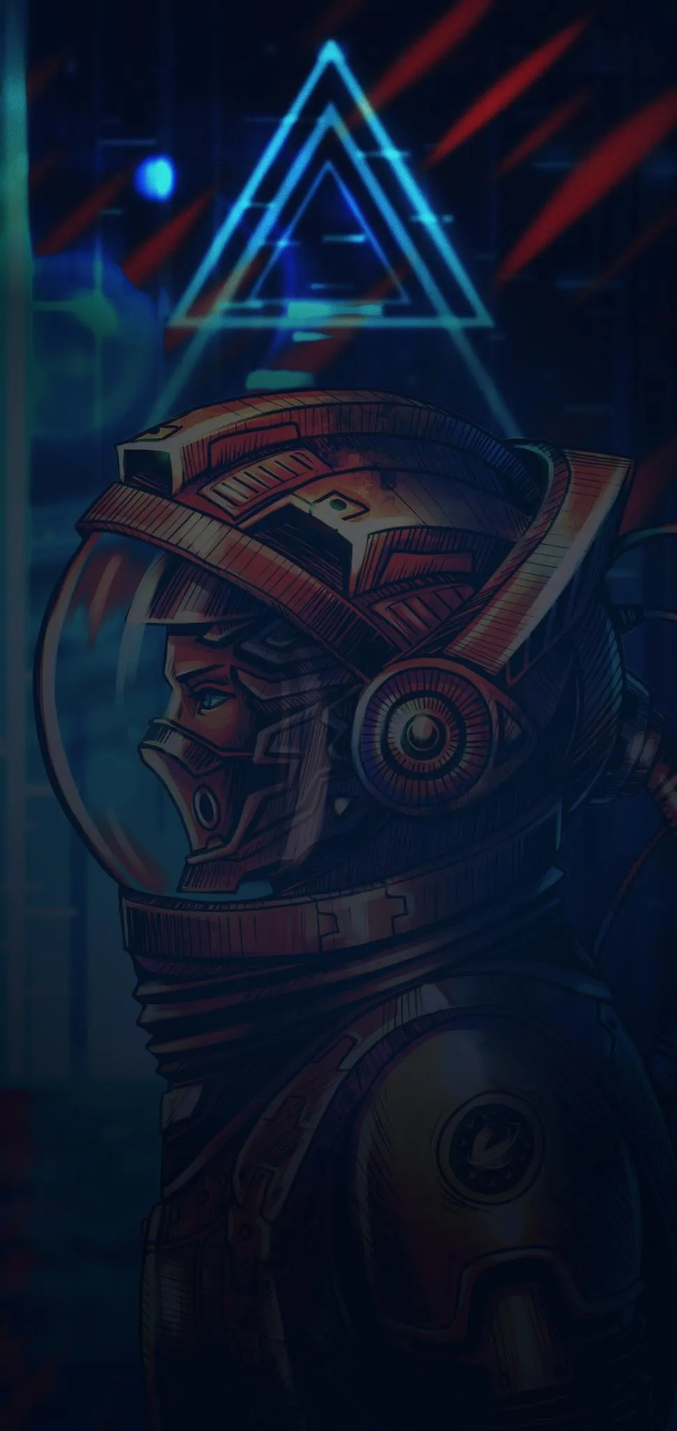 Futuristic Robot Wearing Helmet in Blue Neon Setting