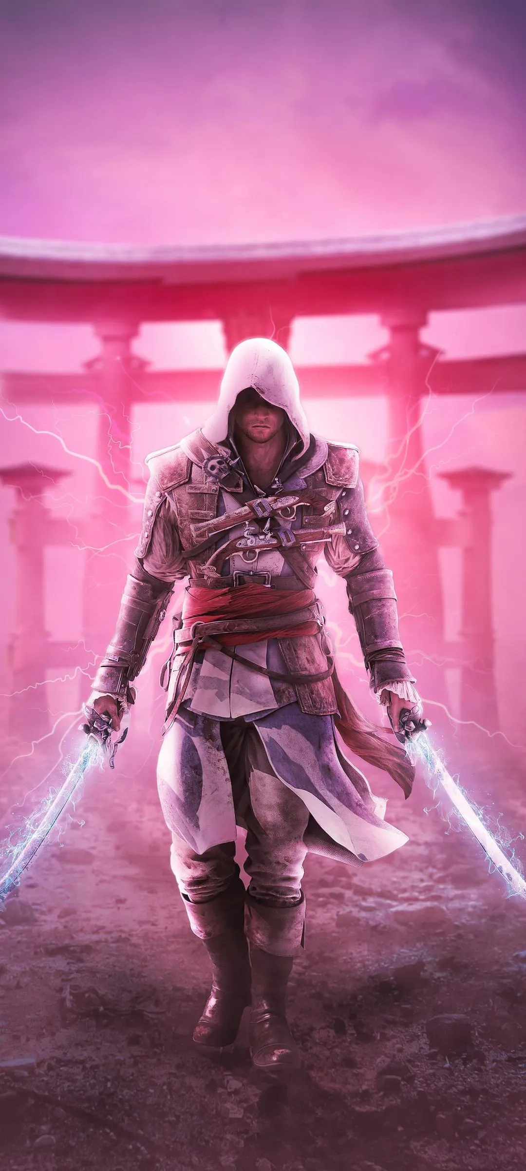 Futuristic Samurai Warrior in Neon Lit Temple Corridor