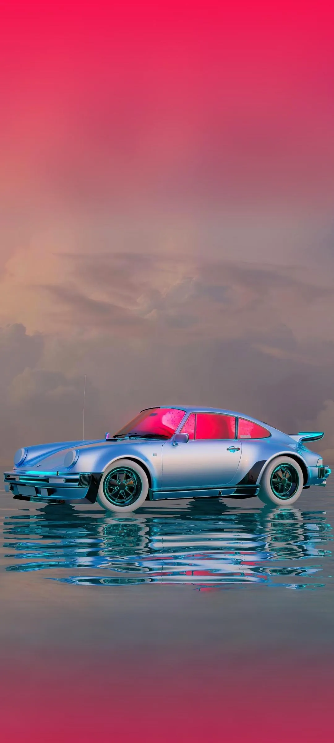 Futuristic Silver Sports Car Reflecting on Calm Water