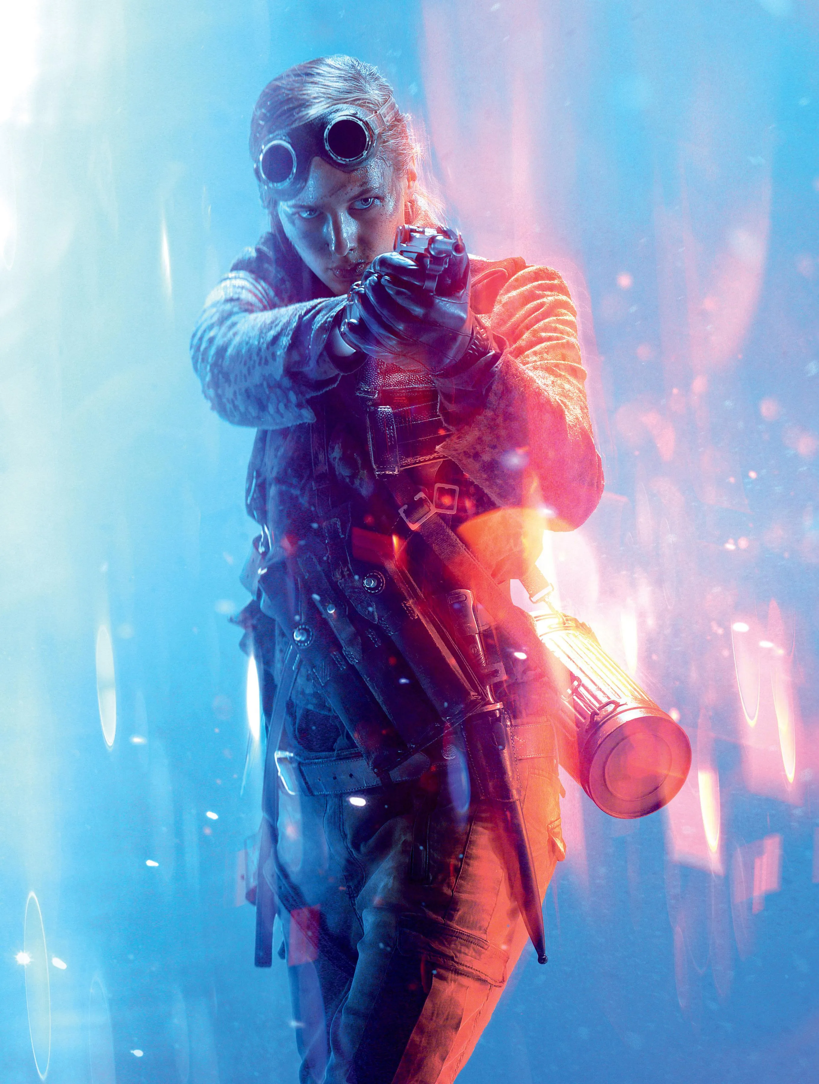 Futuristic Soldier Standing in Blue and Red Glowing Light