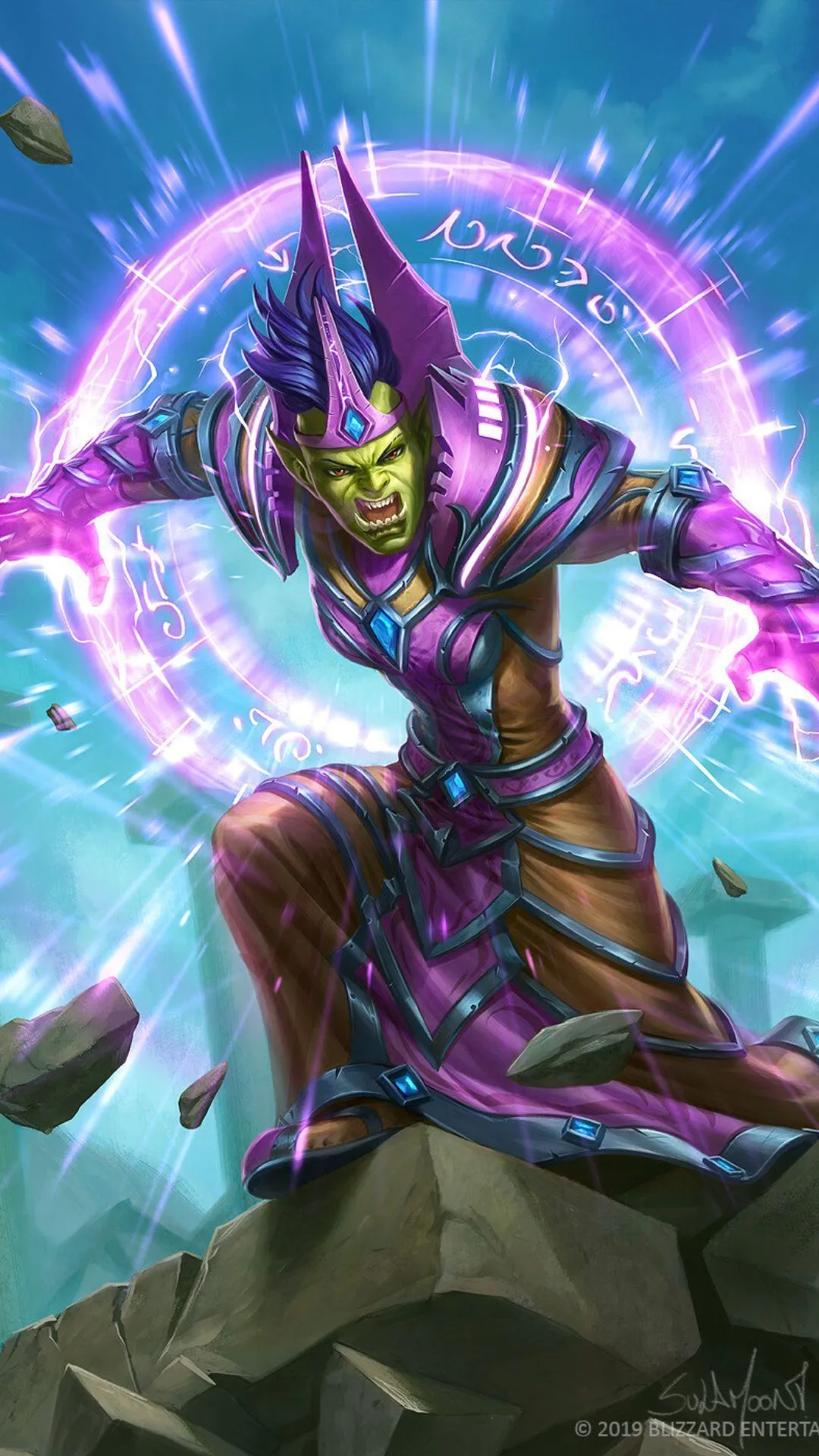 Futuristic Sorceress Casting Magic With Bright Purple Glow