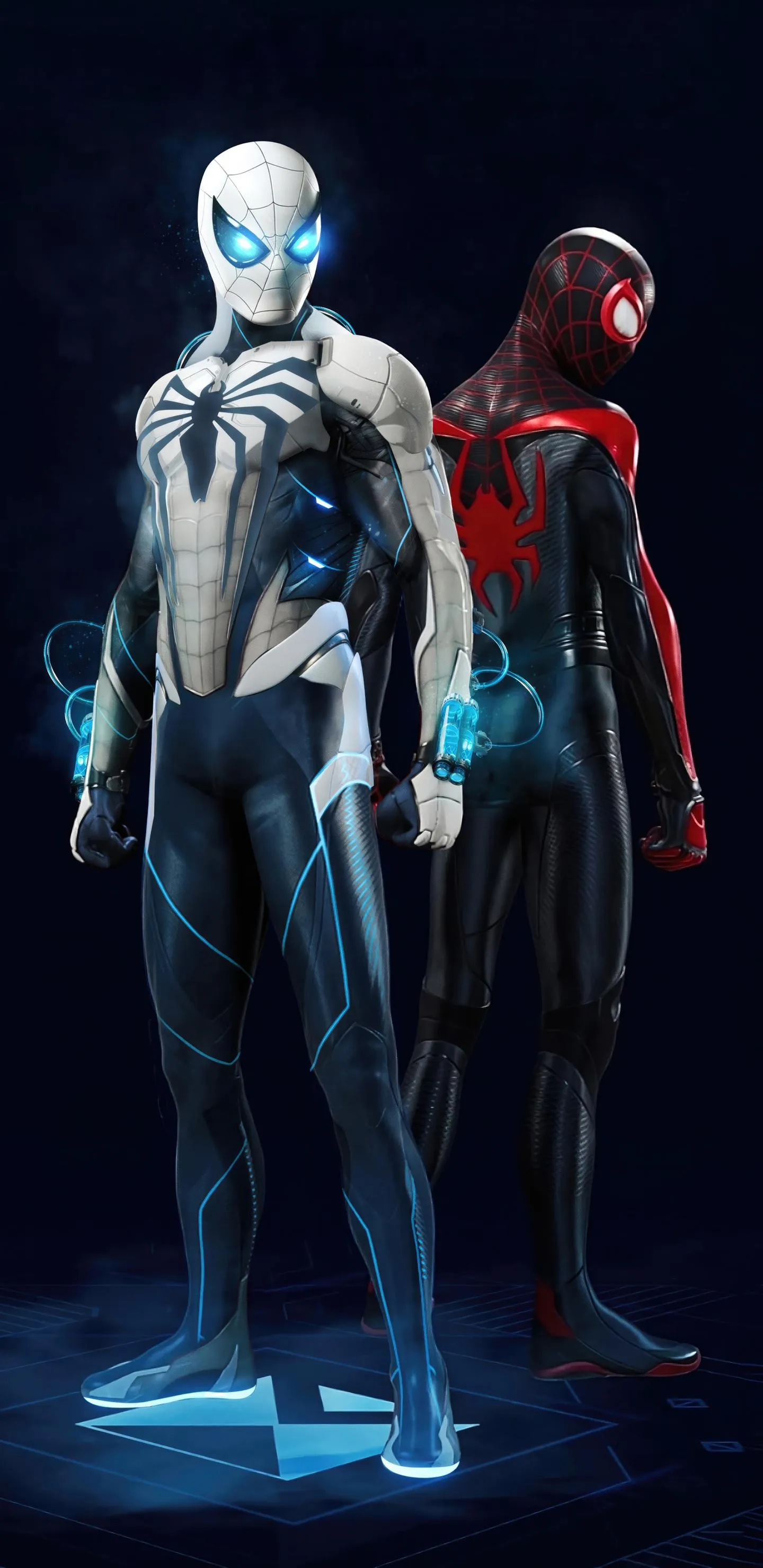 Futuristic Spider Heroes in Advanced Tech Suits Wallpaper