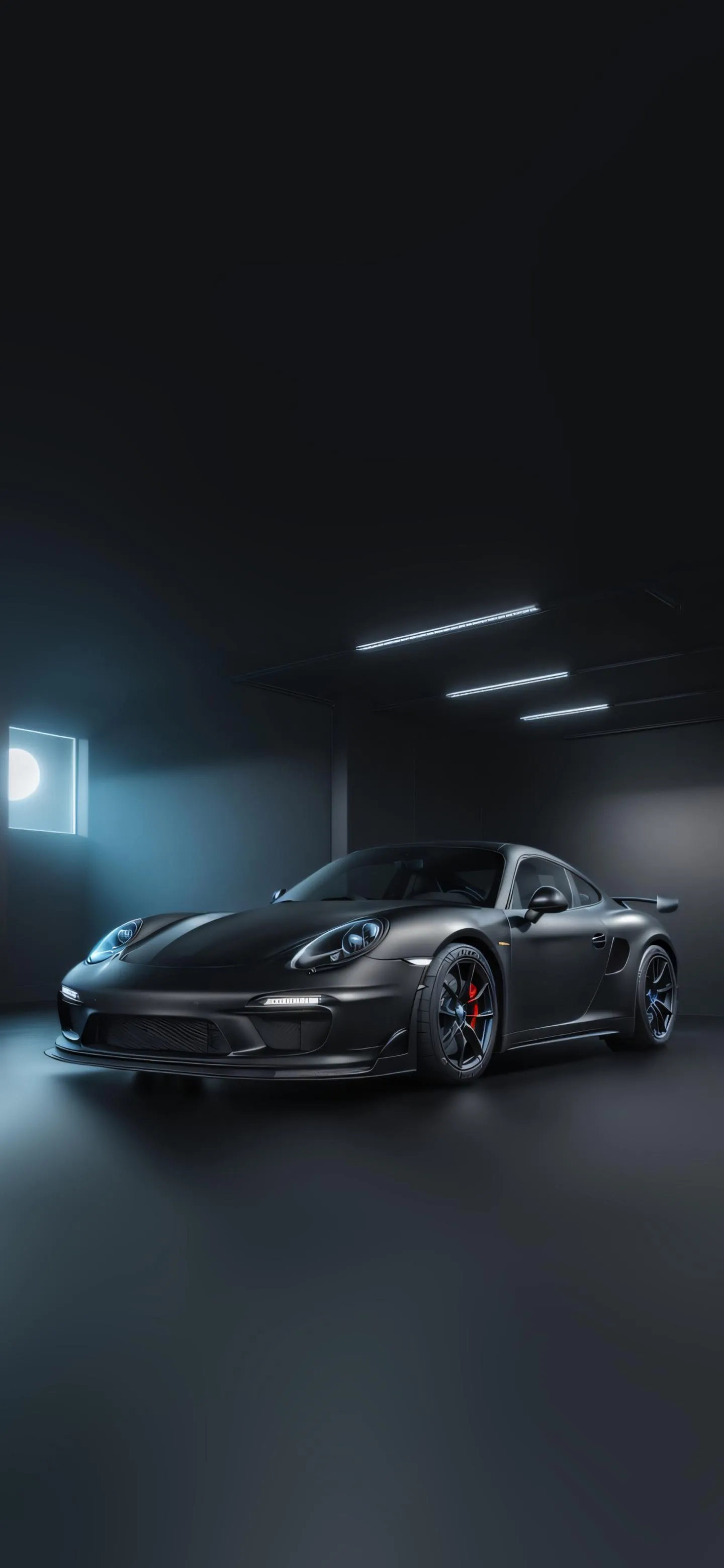 Futuristic Sports Car in Dark Blue Neon Environment