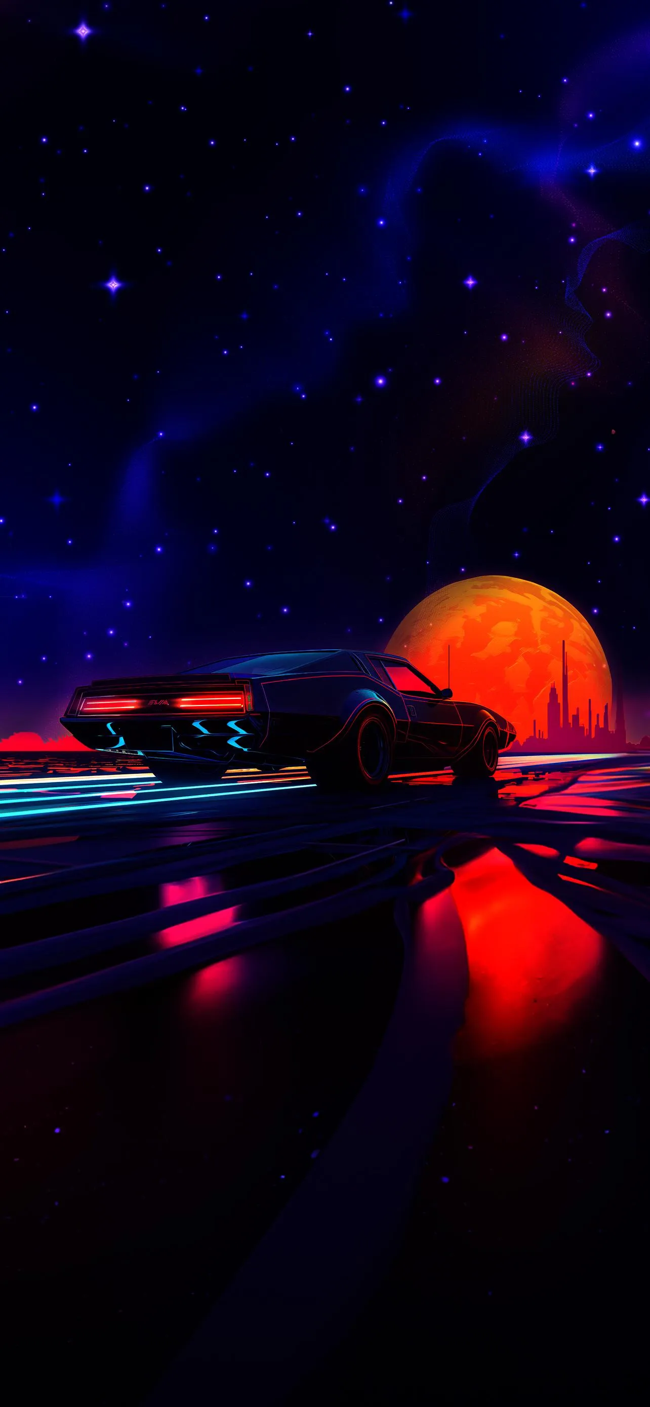 Futuristic Sunset Over Sports Car with Blue Sky Wallpaper