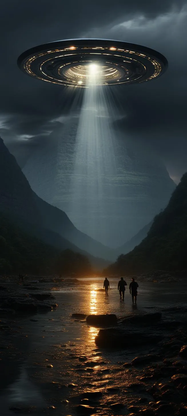 Futuristic UFO Light Beam on Rainy Street Scene Wallpaper