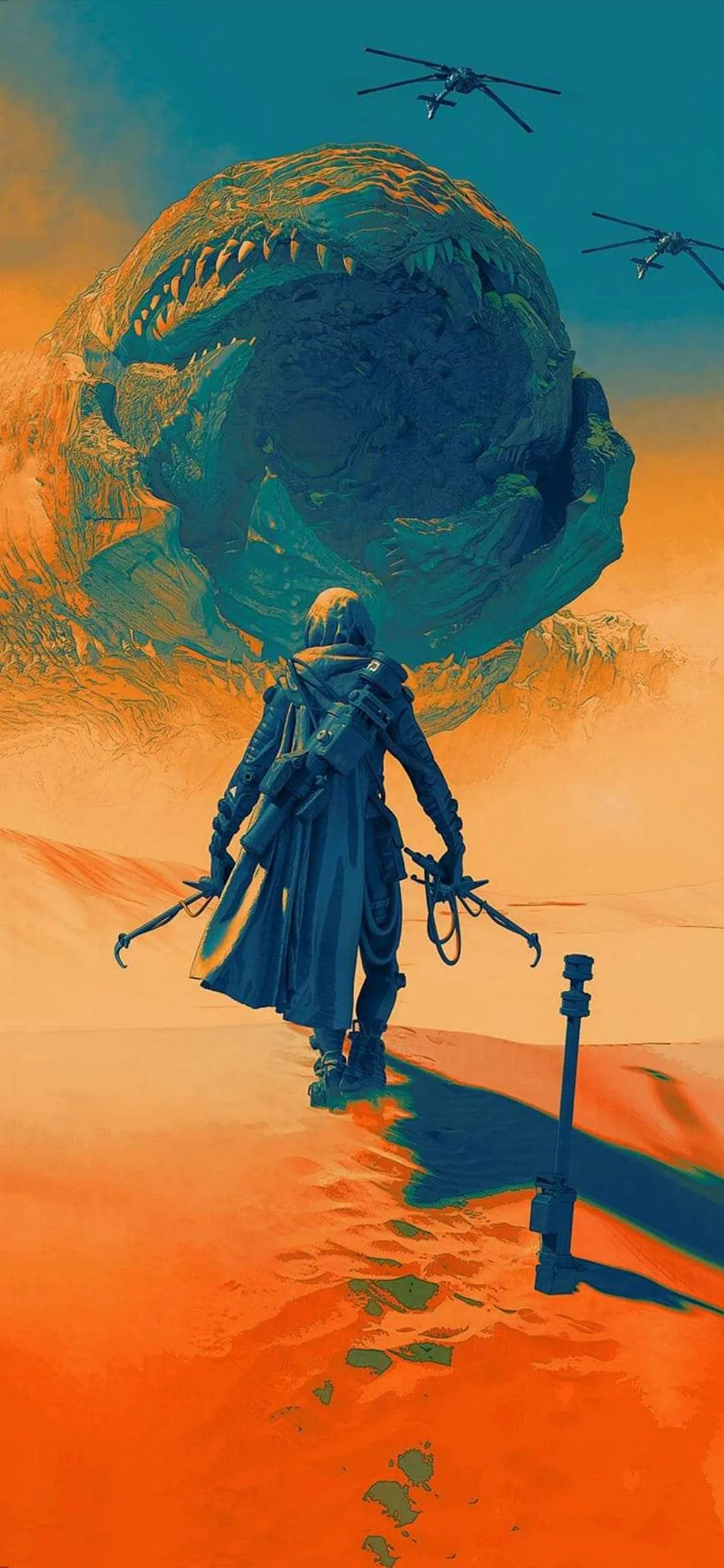 Futuristic Warrior Faces Giant Monster in Desert Wallpaper