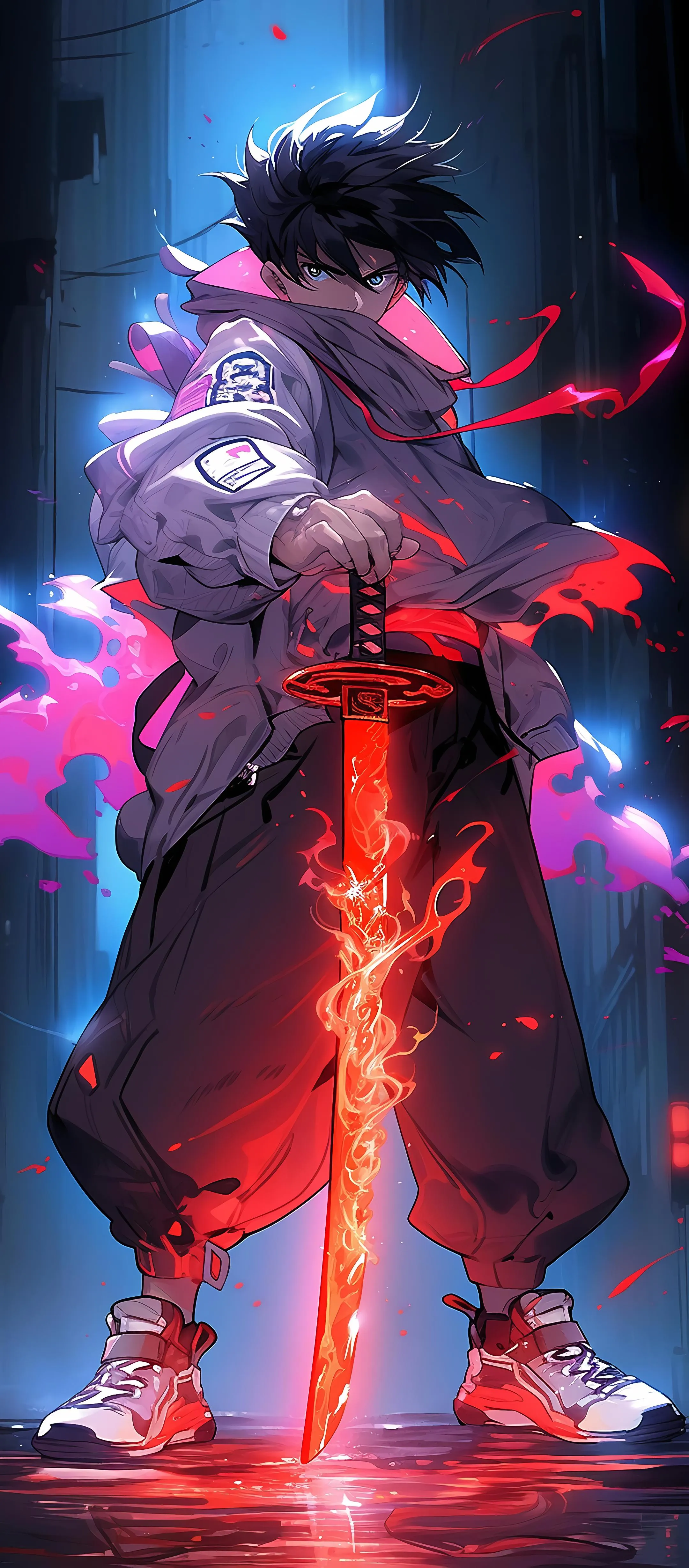 Futuristic Warrior in Blue and Red Neon Lights Wallpaper