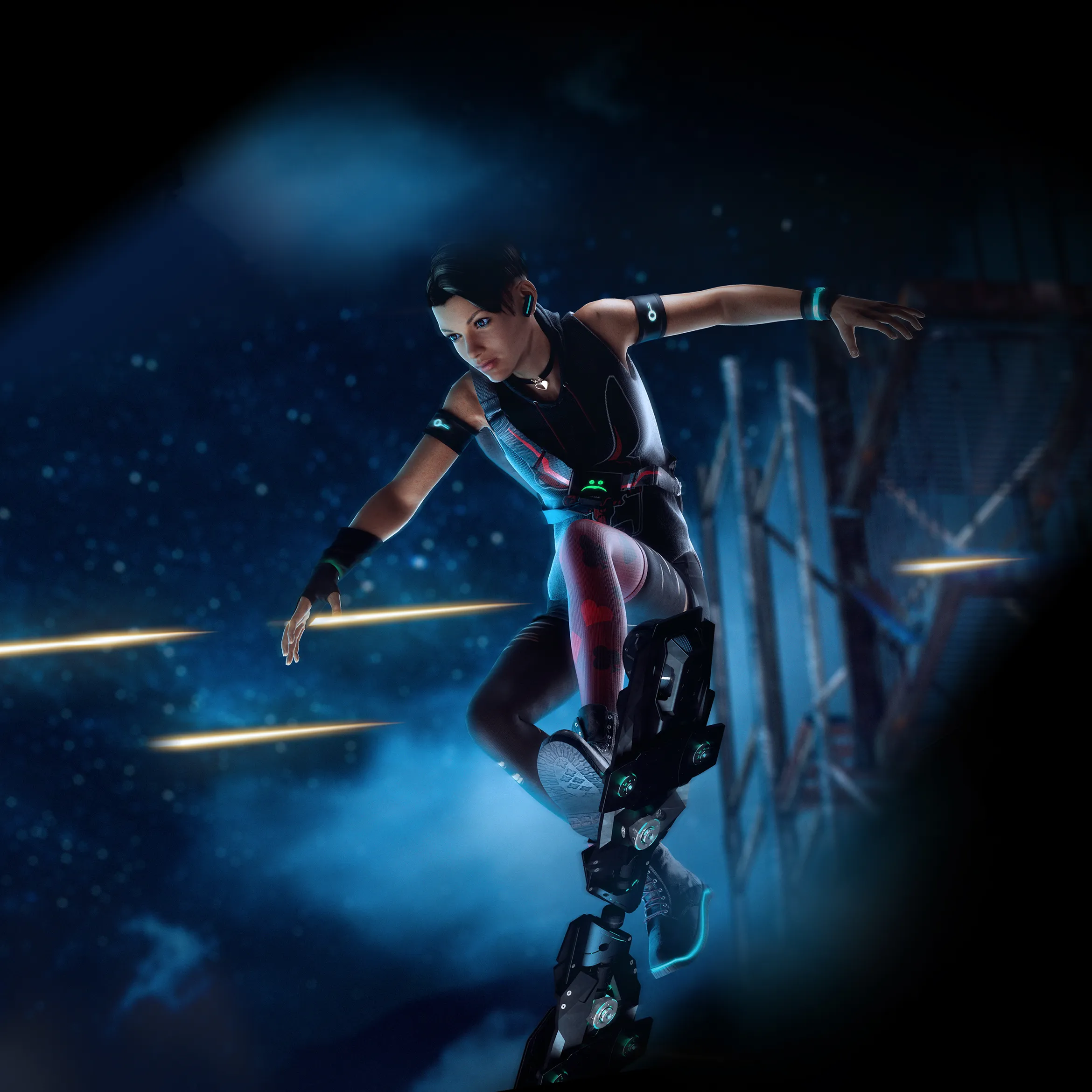 Futuristic Warrior Woman with Energy Weapons in Action