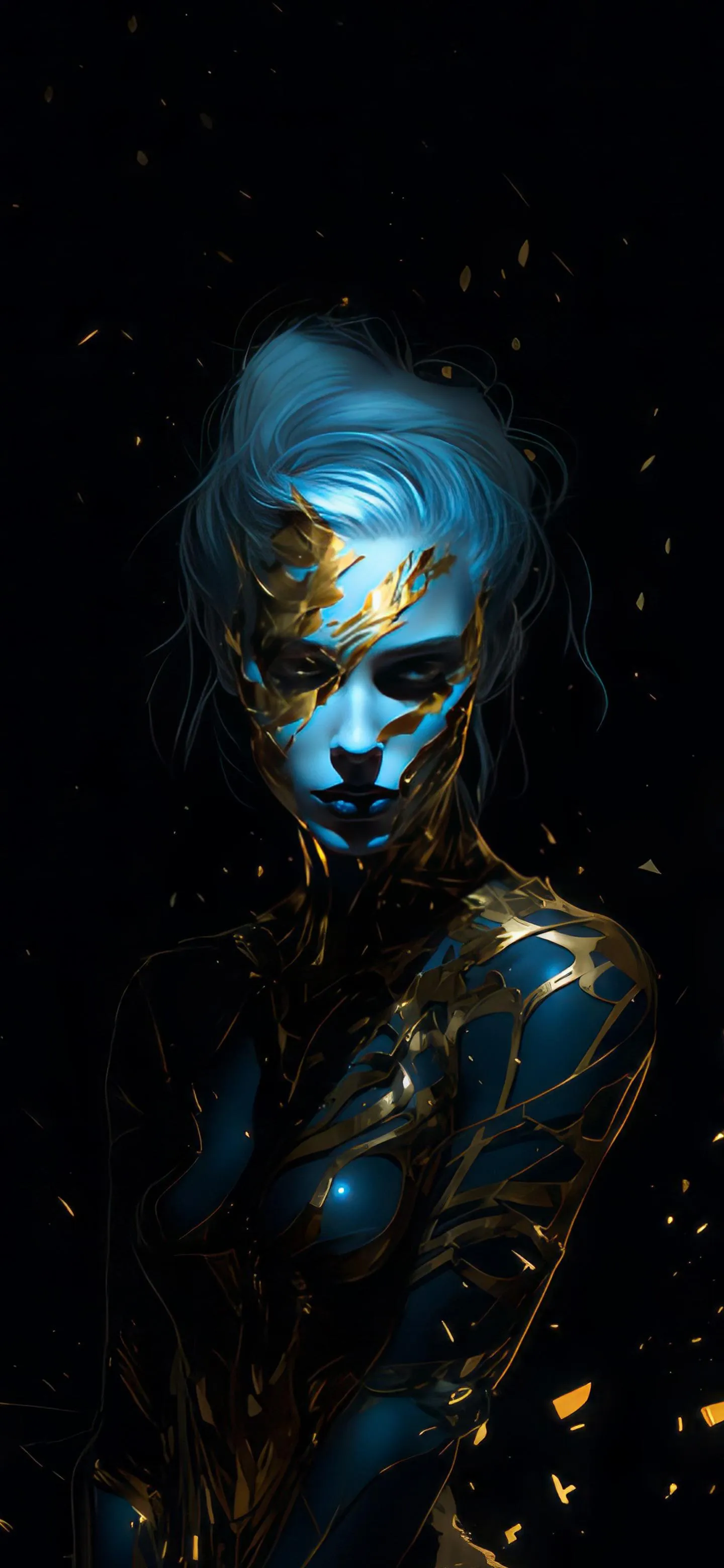 Futuristic Woman with Gold Cracks and Blue Glowing Skin