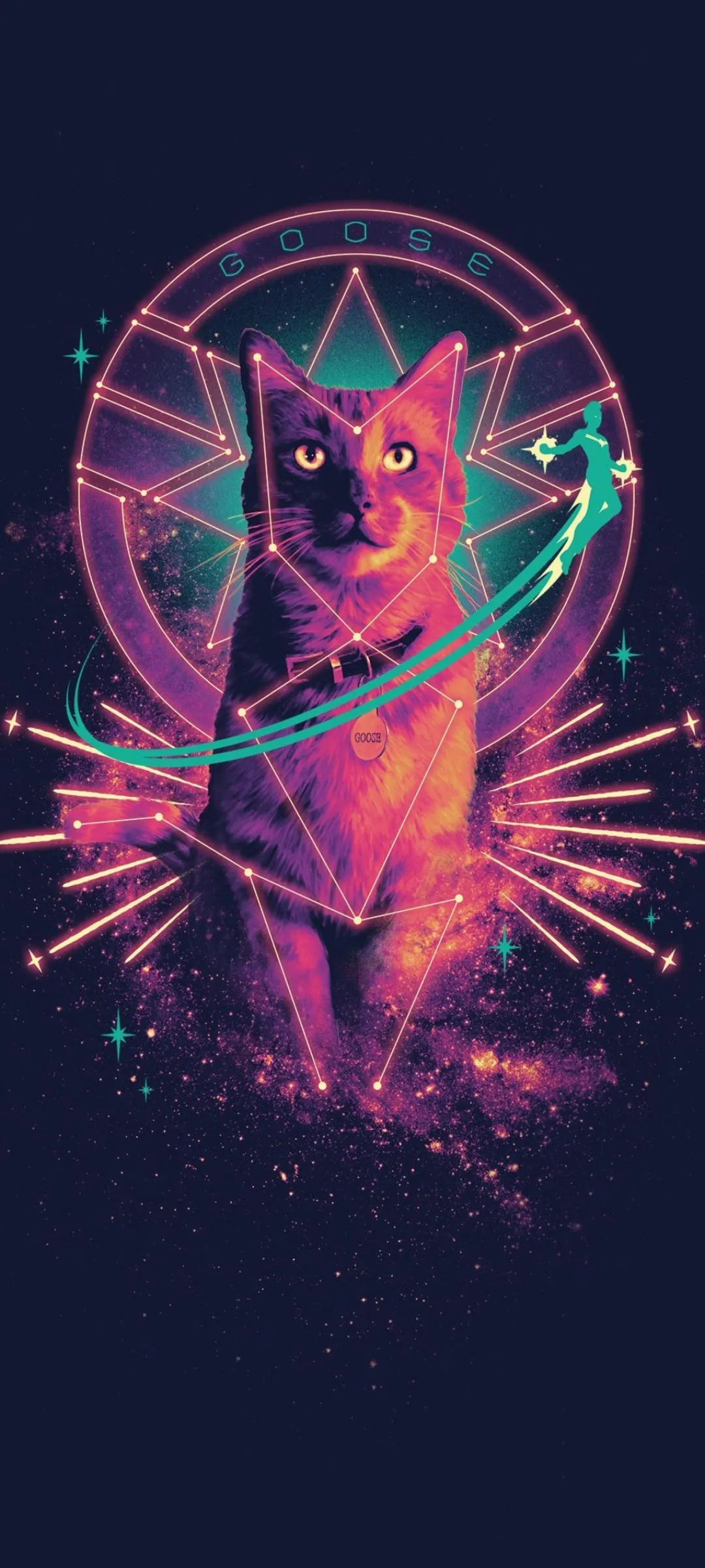 Galactic space cat in glowing neon with constellation art