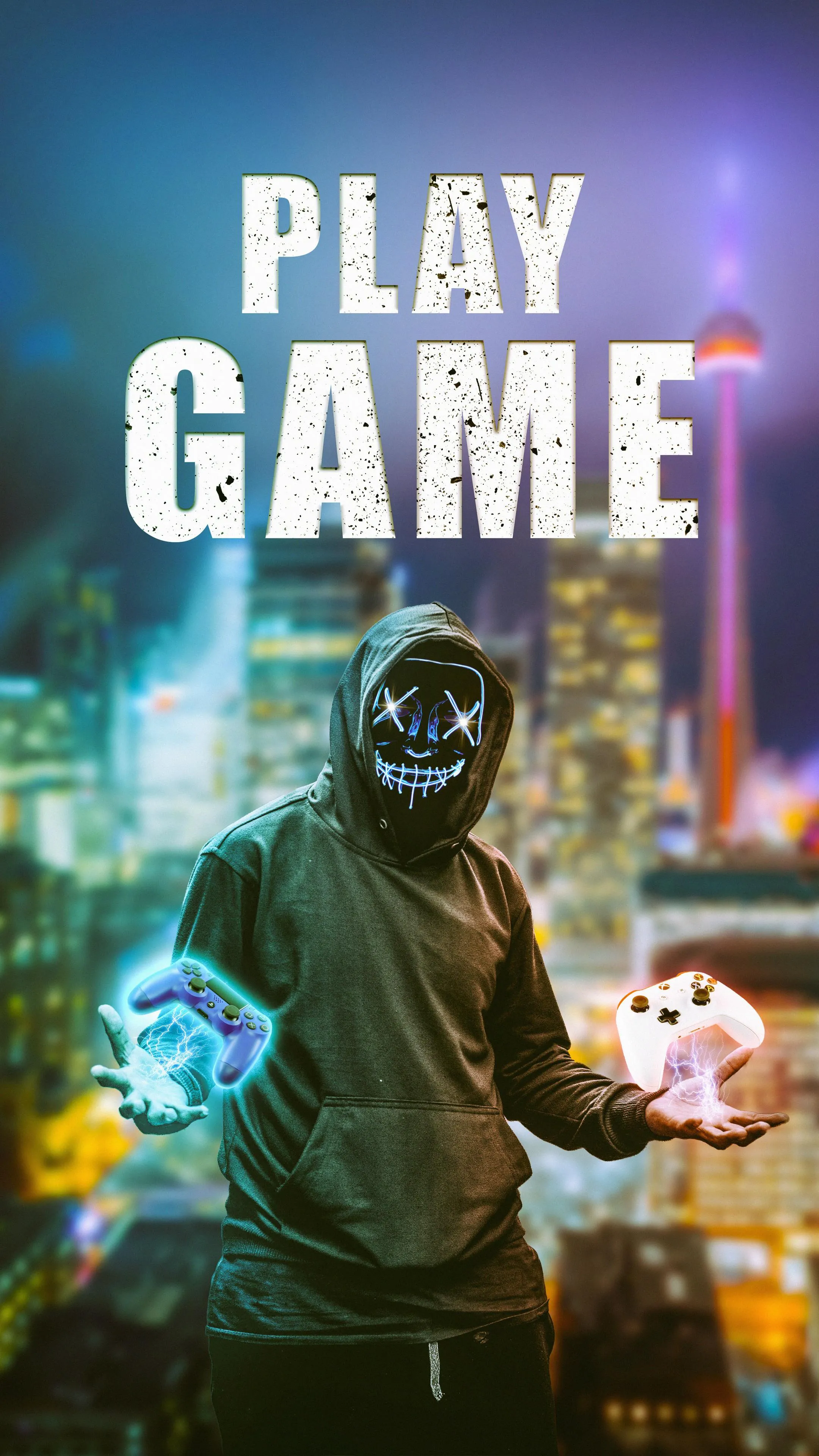 Gamer Art with Play Game Text and City Vibes Wallpaper