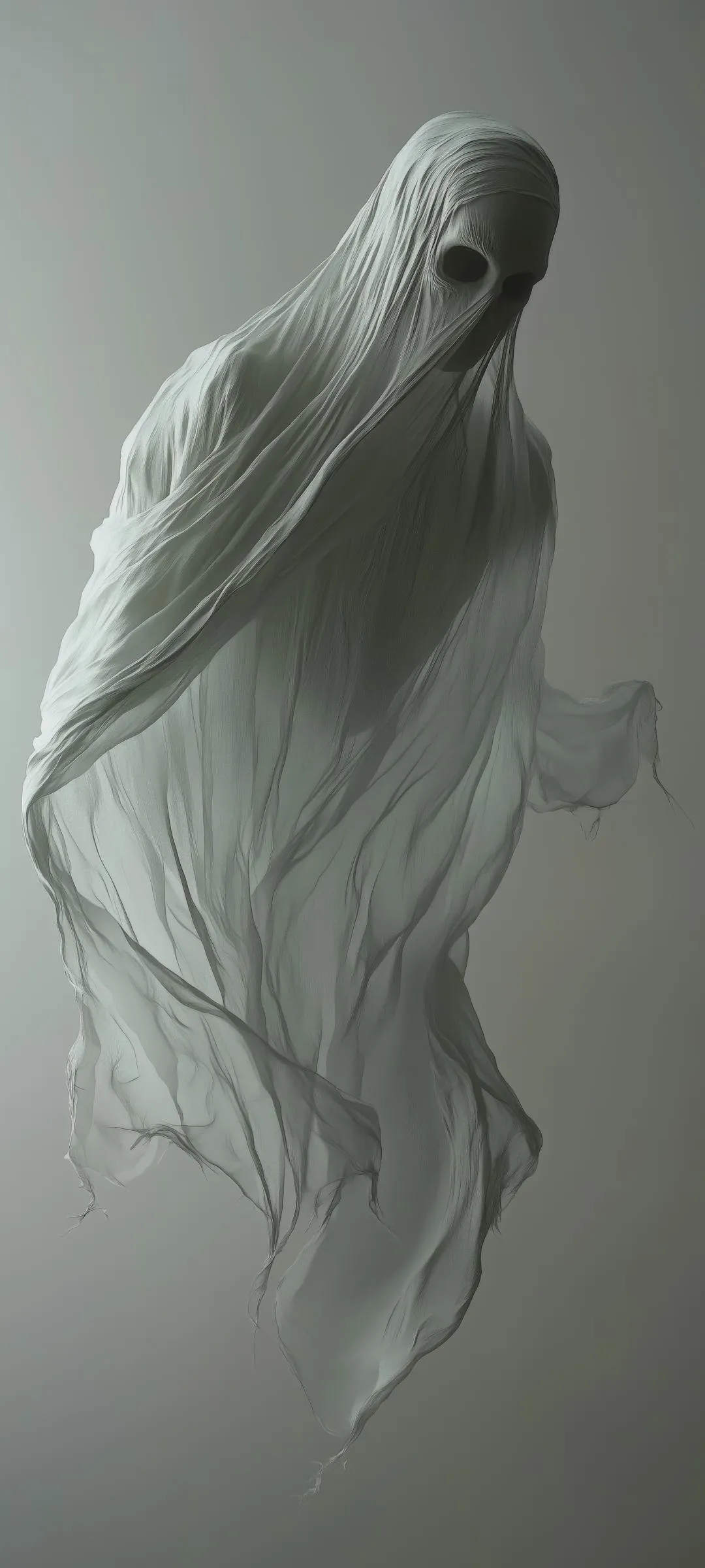 Ghostly White Figure Floating in Dark Shadows Wallpaper