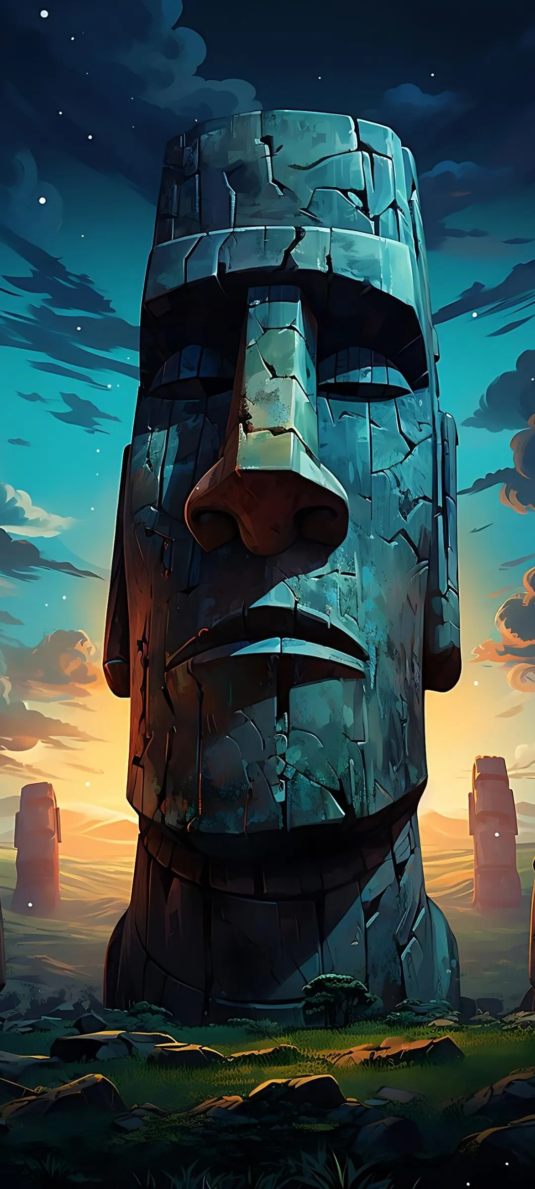 Giant Easter Island Statue with Dramatic Sunset Background