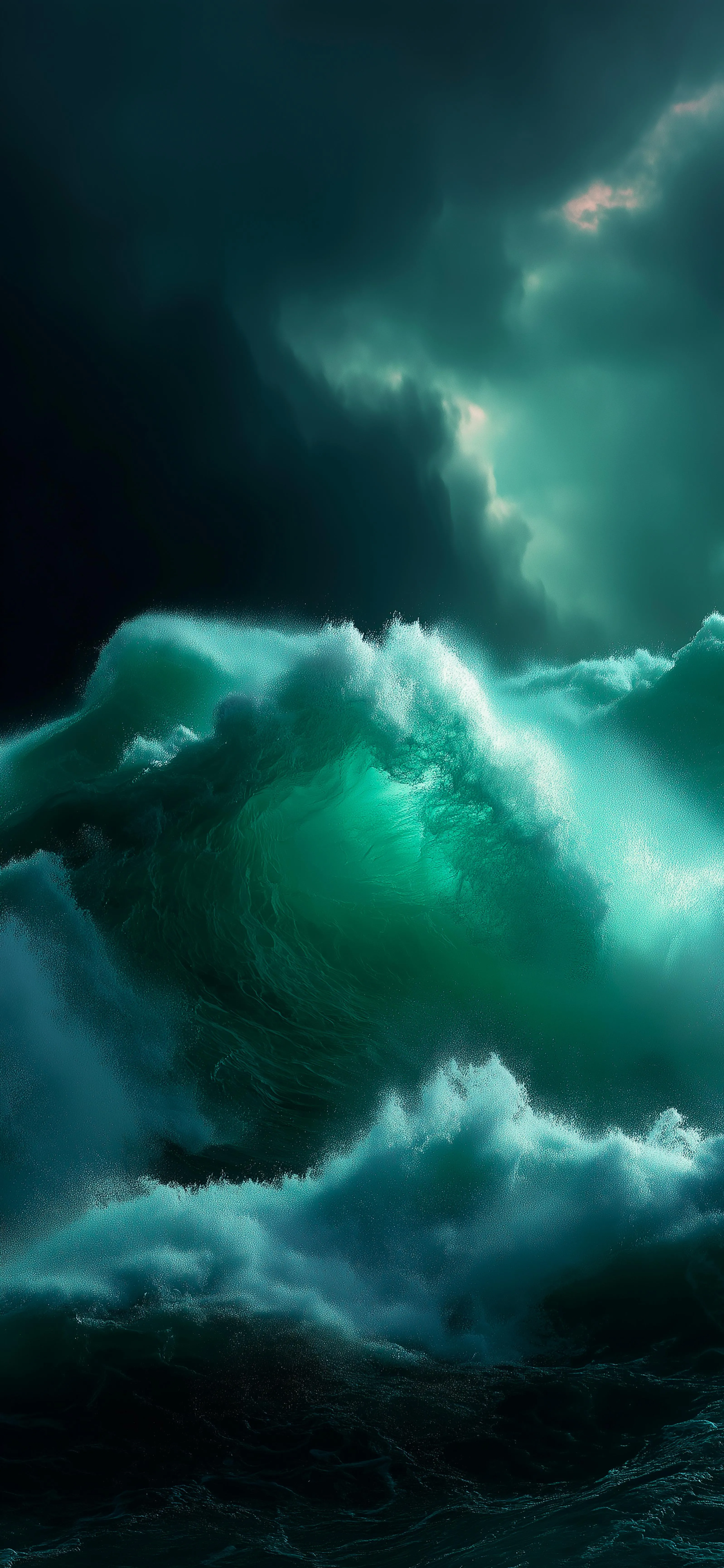 Giant Ocean Wave Crashing Under Cloudy Sky Wallpaper