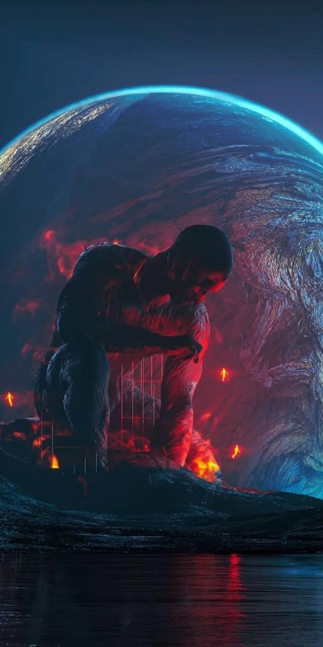 Giant of Flame Resting Beneath a Cosmic Sphere Wallpaper