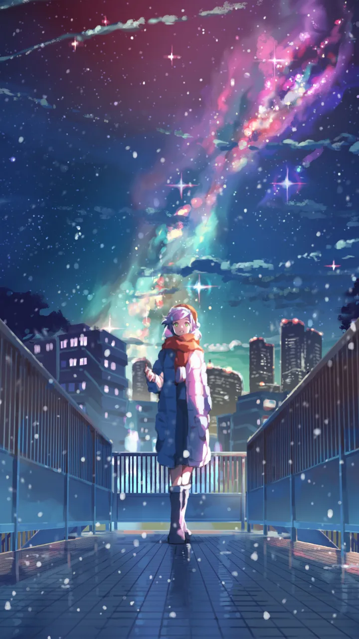 Girl Gazing at the Vibrant Winter Night Sky in City