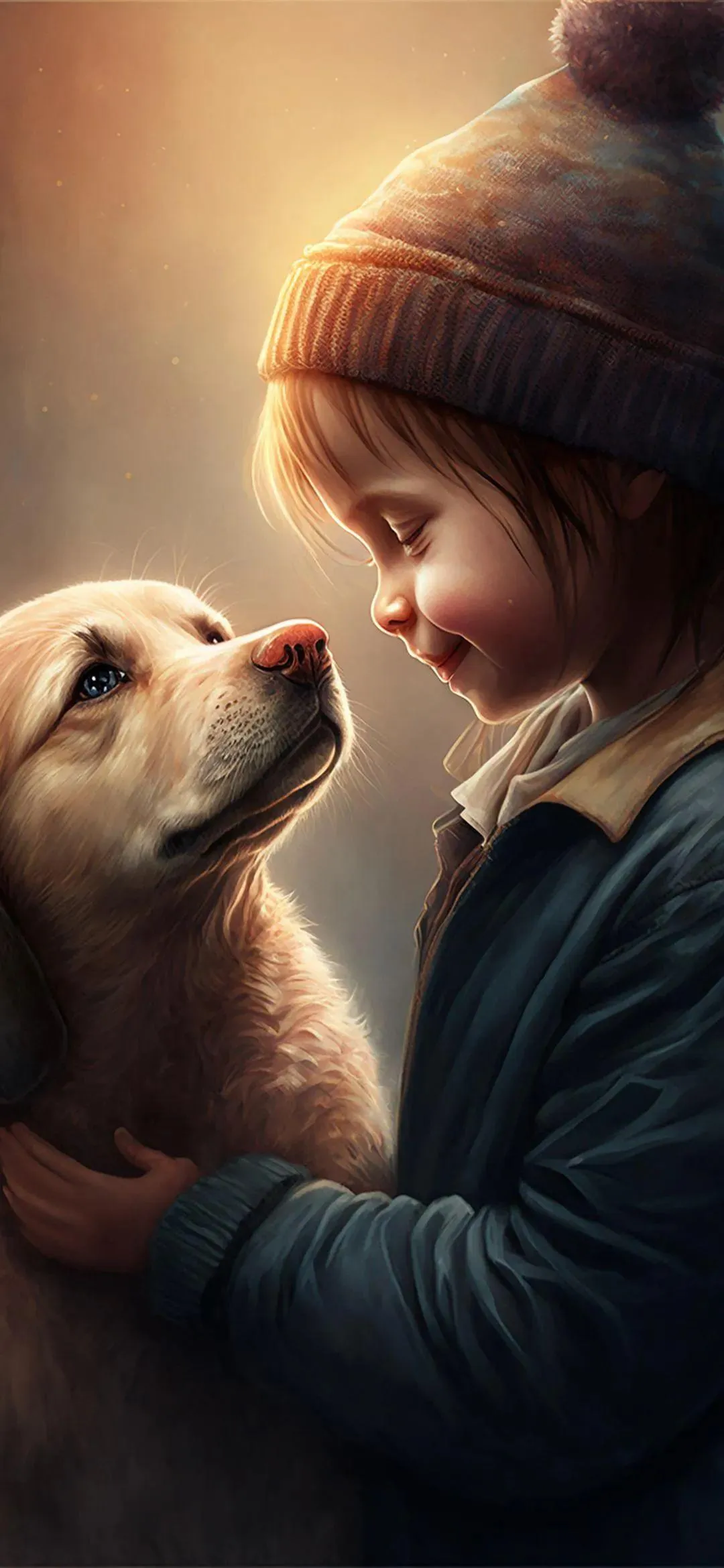 Girl Hugging Dog with Warm Soft Golden Lighting Wallpaper