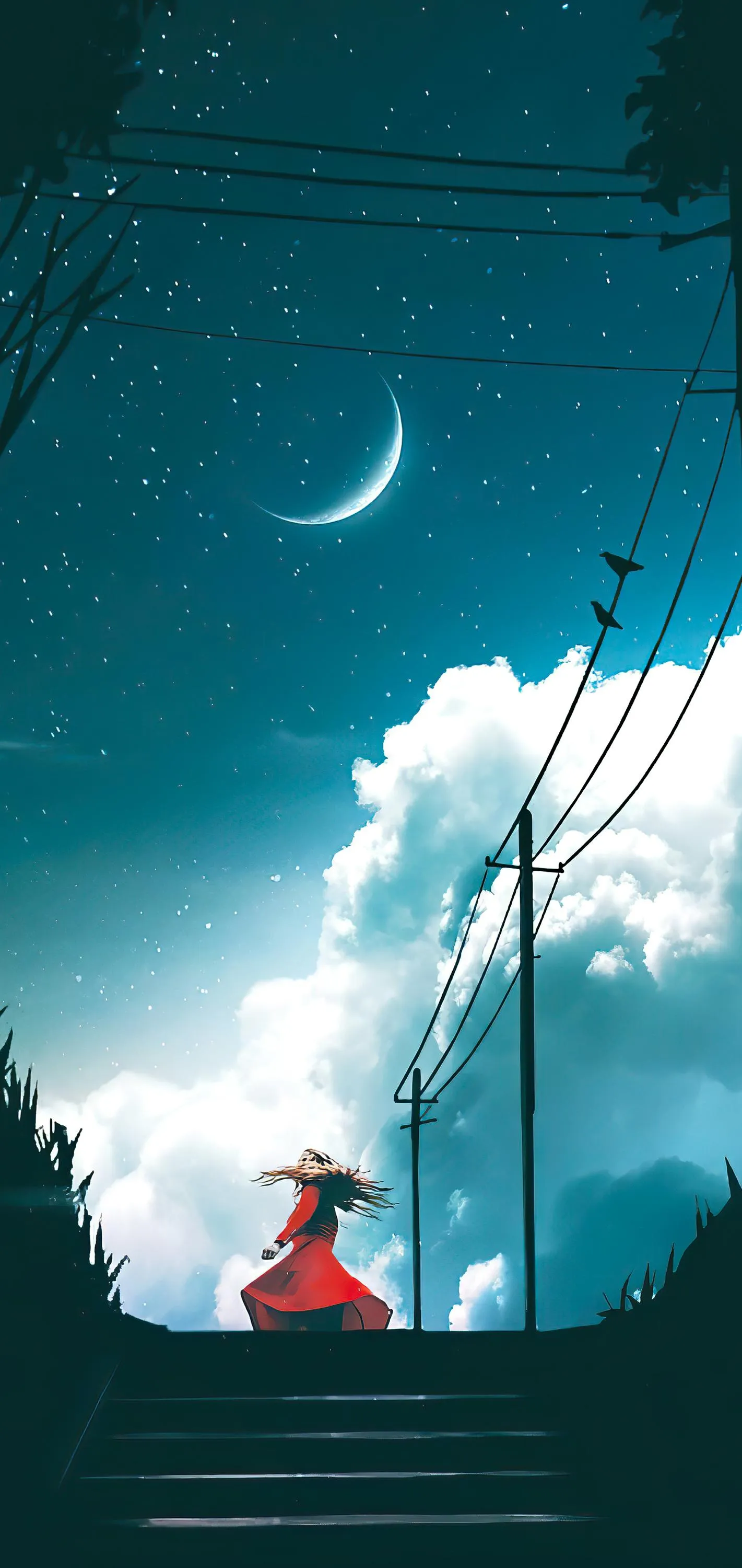 Girl in Red Dress Under Crescent Moonlit Sky Wallpaper