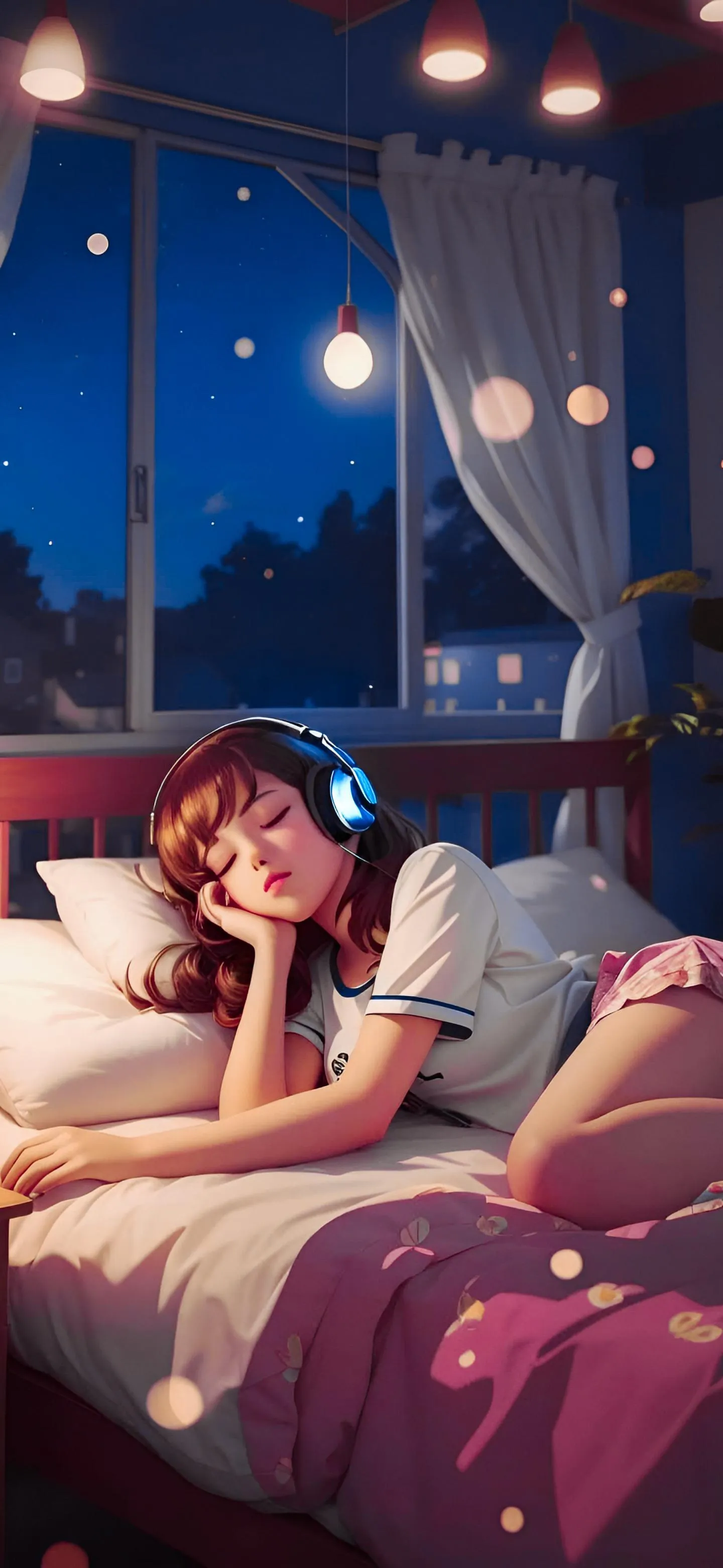 Girl Sleeping in Cozy Bed Under Starry Sky Wallpaper