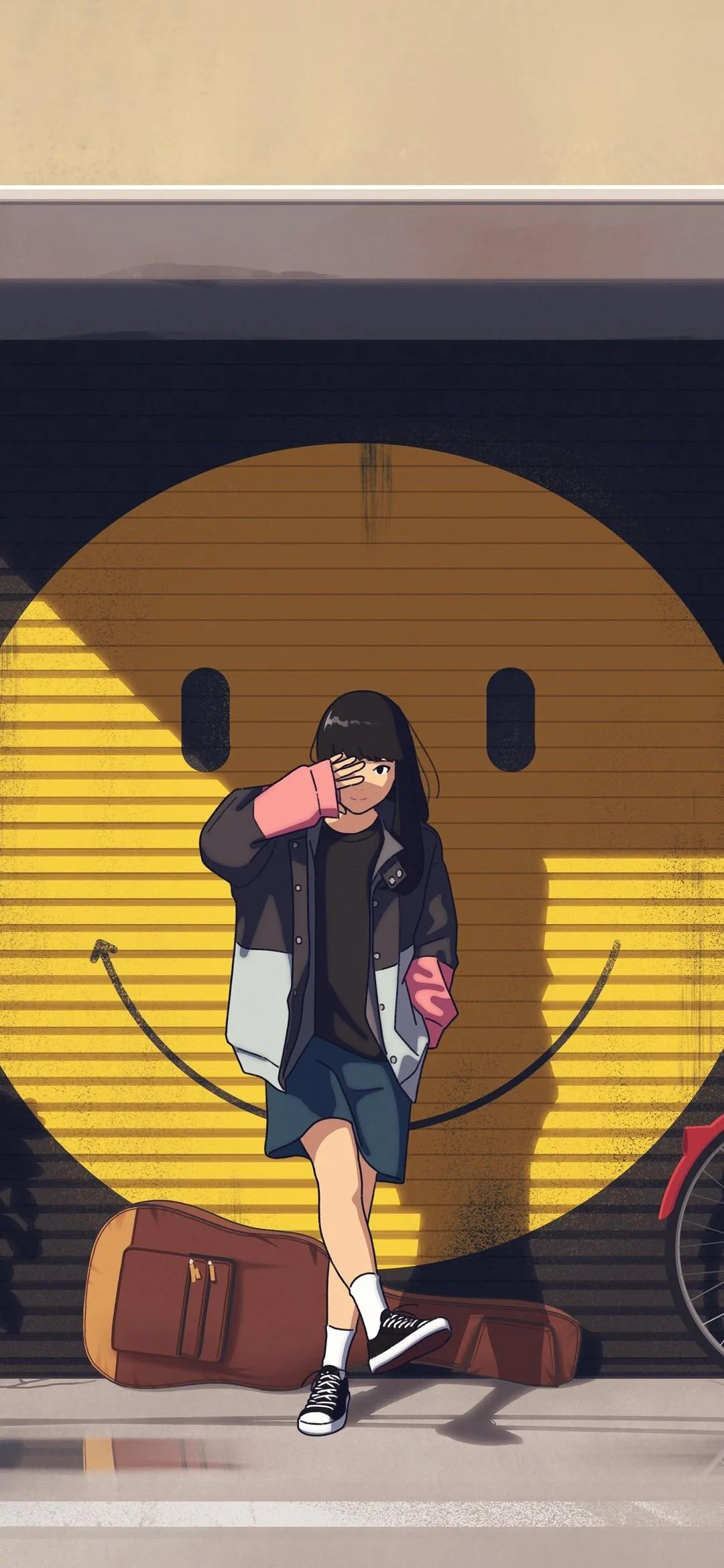 Girl Standing by Smiley Wall Urban Street Wallpaper