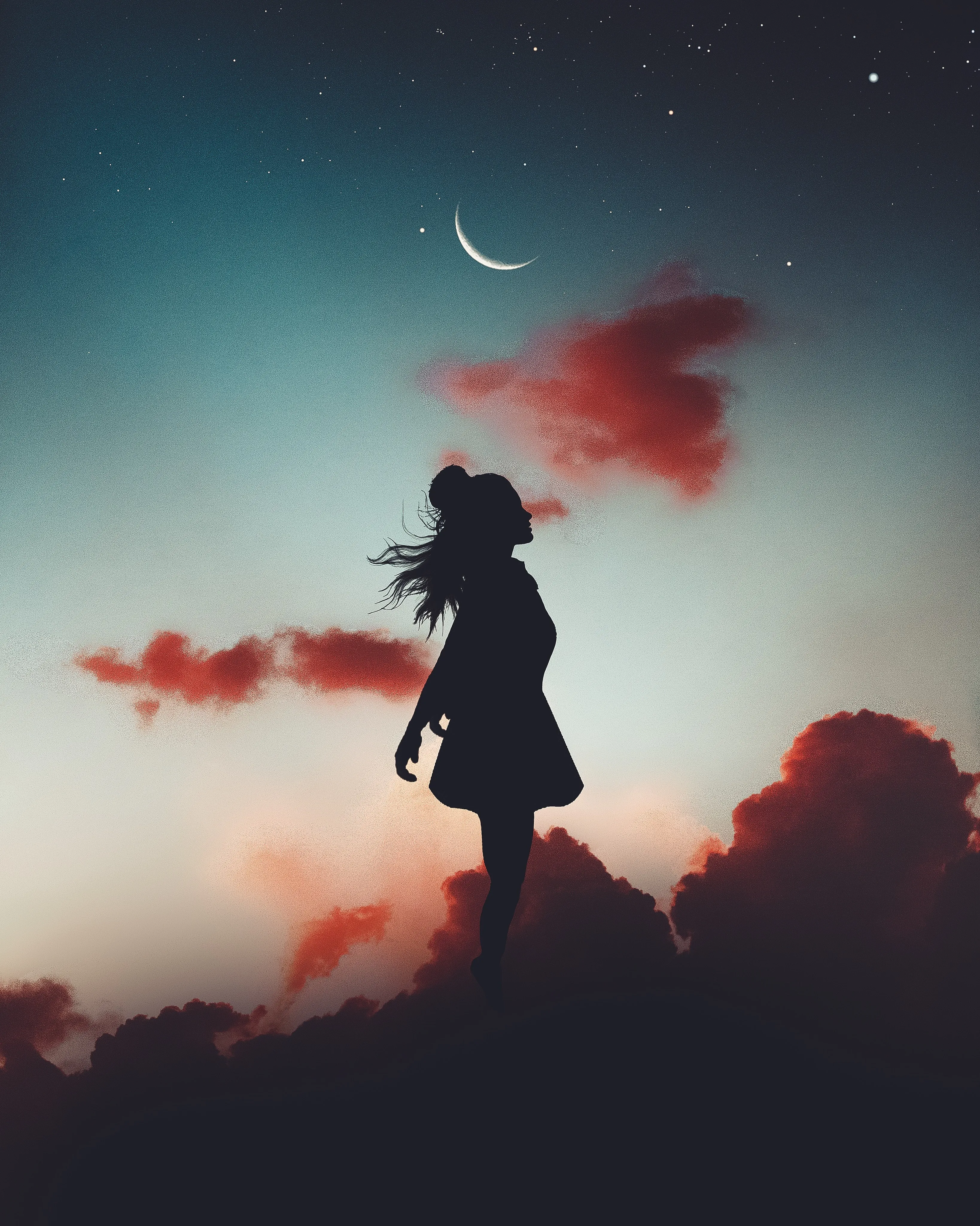 Girl Standing on Cloud with Moonlit Sky Behind Wallpaper