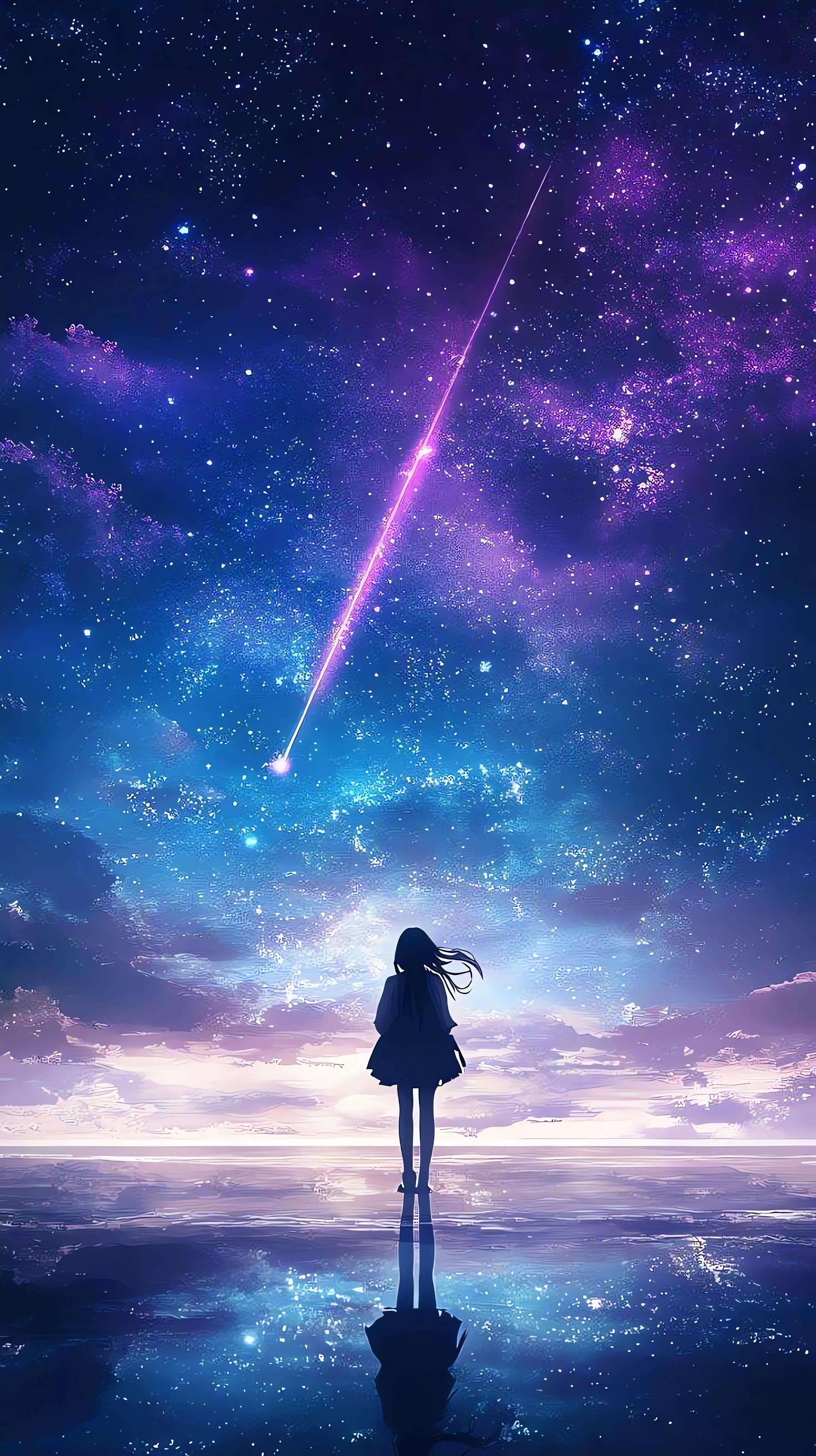 Girl Watching Shooting Star in a Galaxy Sky at Night