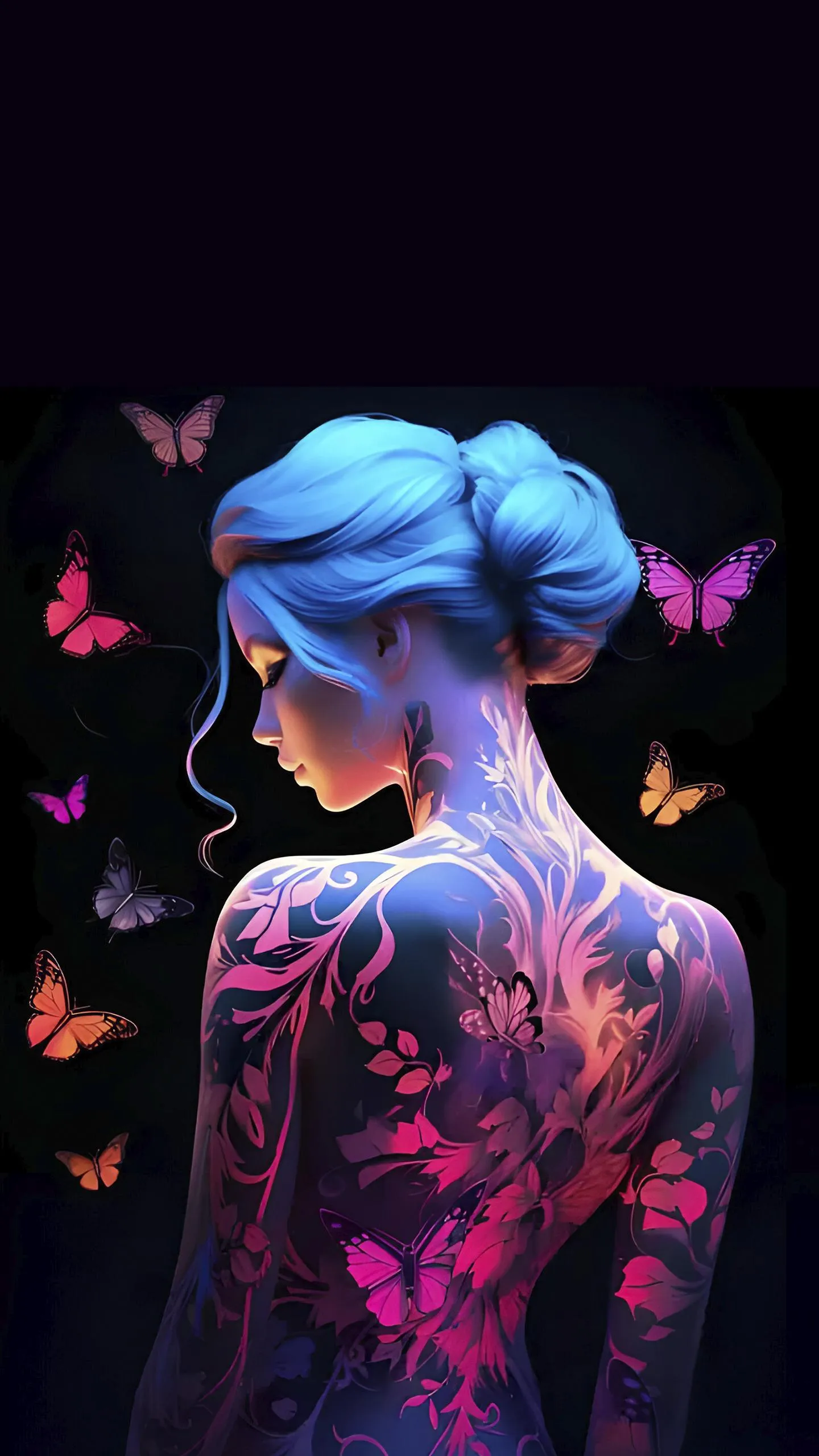 Girl with Blue Hair Surrounded by Flying Butterflies