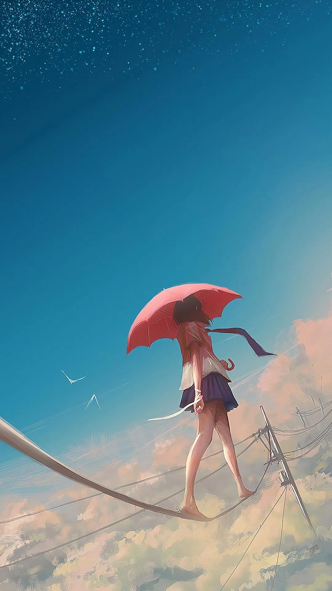 Girl With Red Umbrella Walking Under Clear Blue Sky