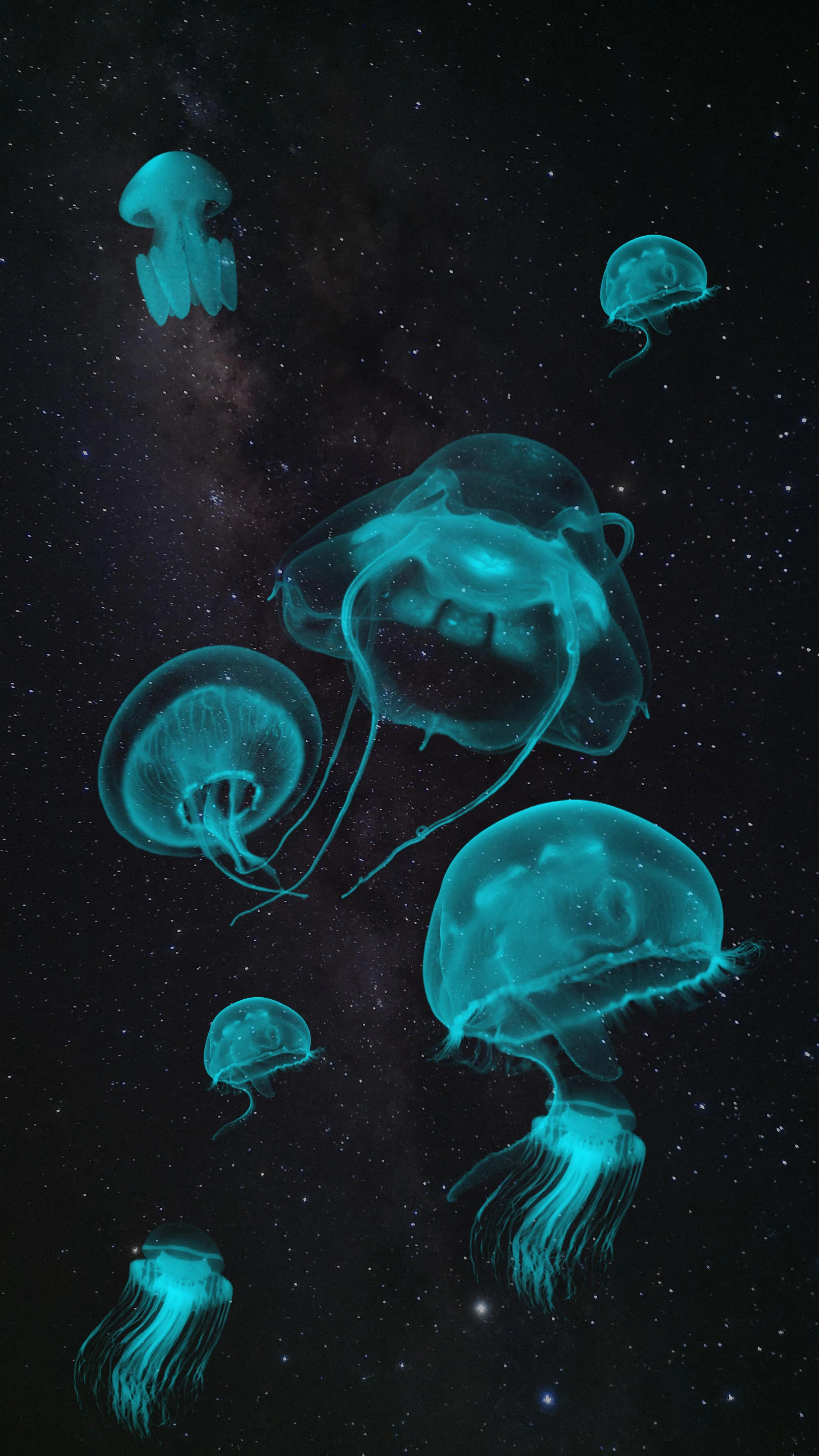 Glowing Blue Jellyfish Floating in Deep Ocean Space