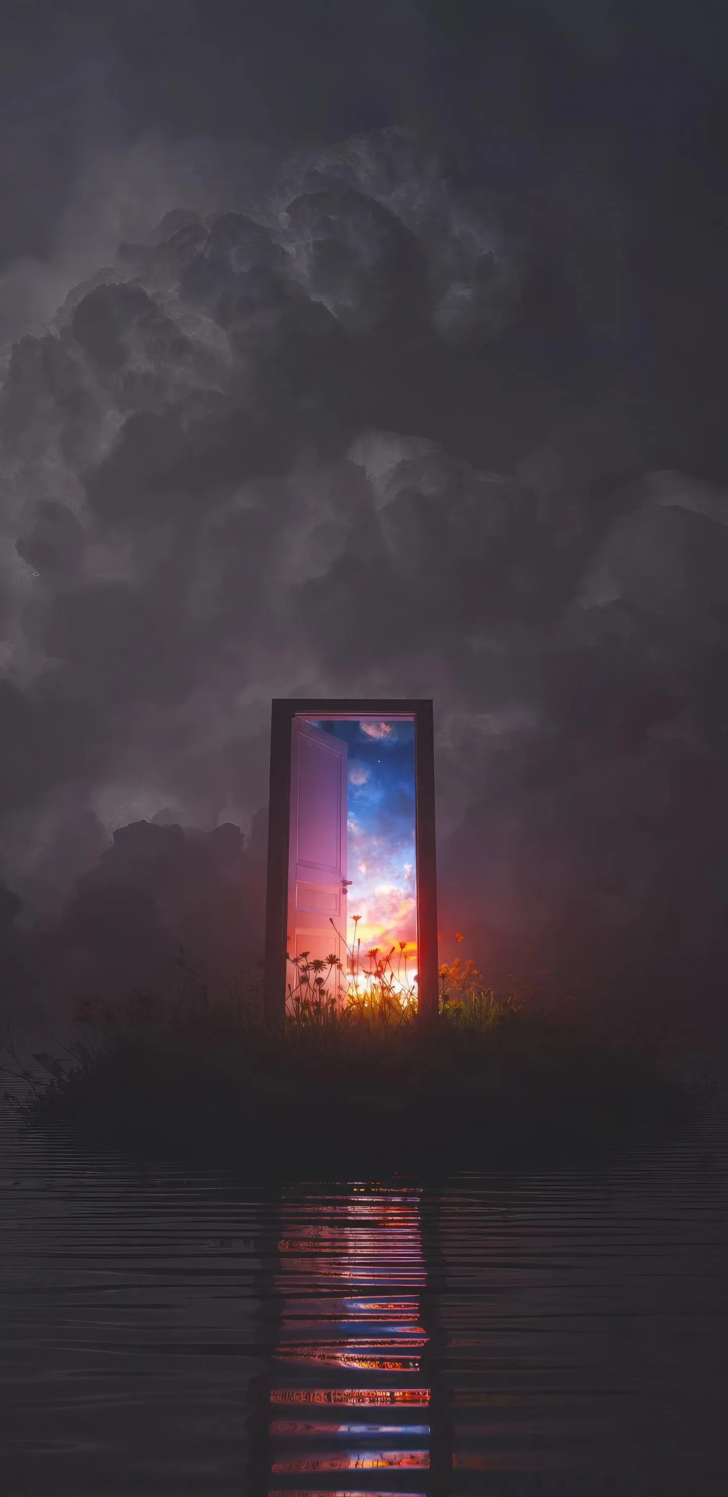 Glowing Door Light in Dark Mist Mobile Wallpaper Art