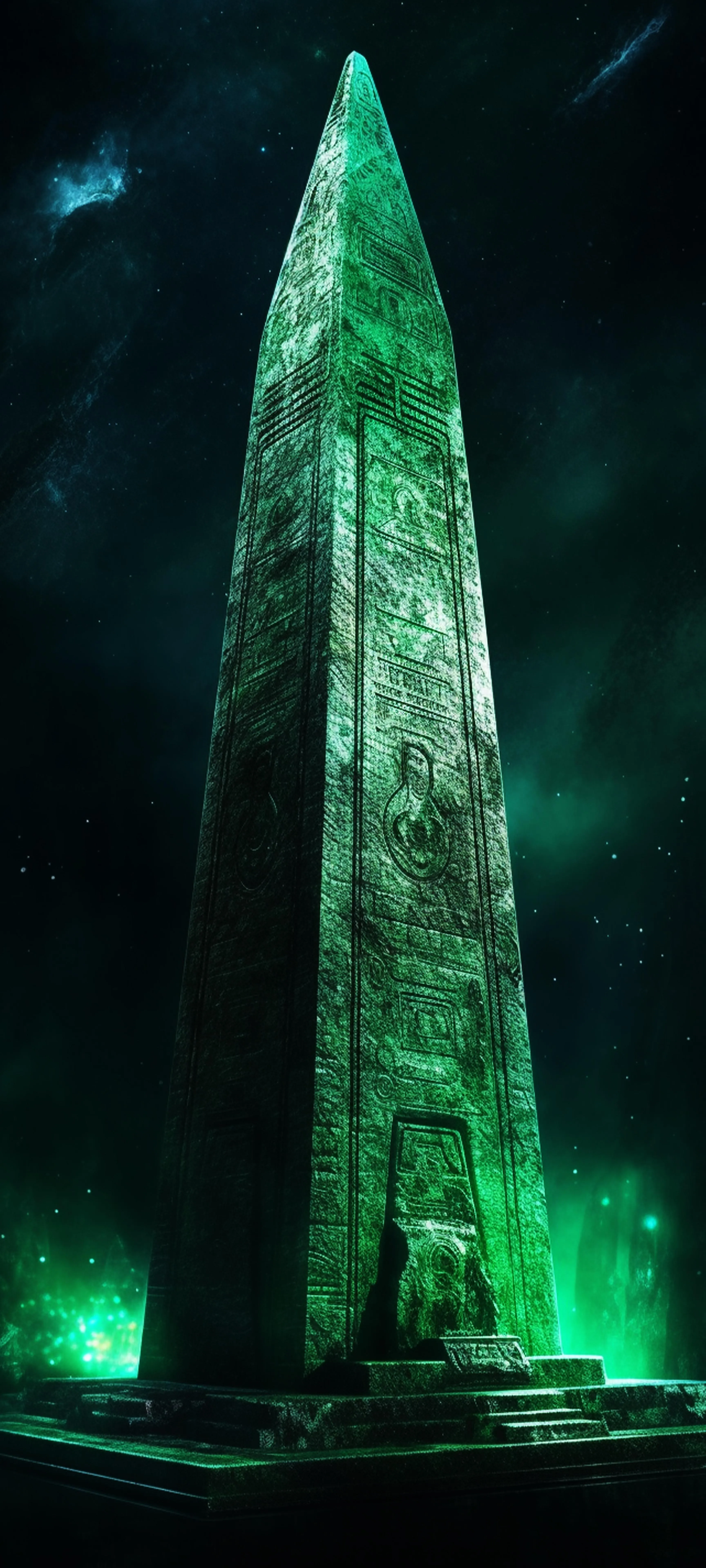 Glowing Green Obelisk Tower in a Mysterious Alien World