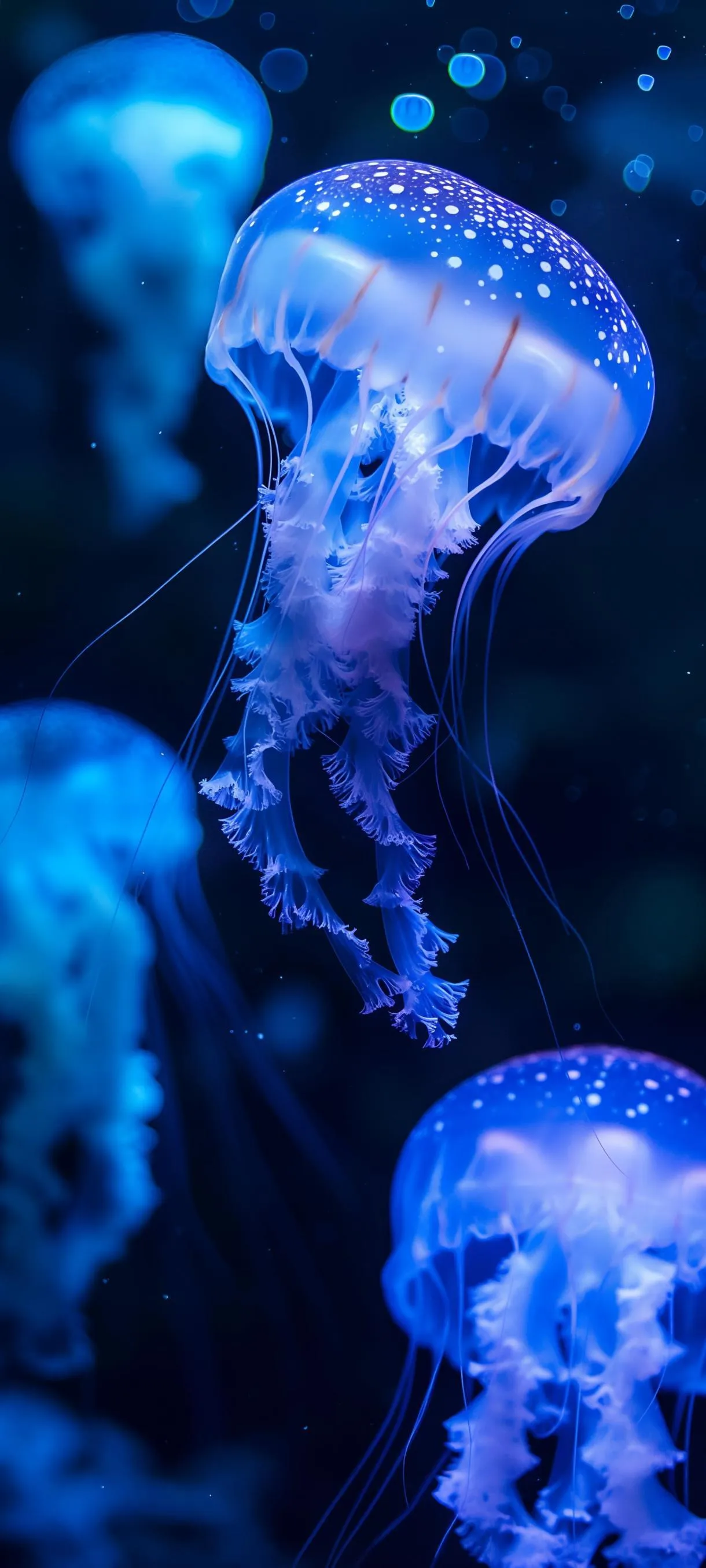 Glowing Jellyfish in Deep Blue Ocean Water Scene Wallpaper