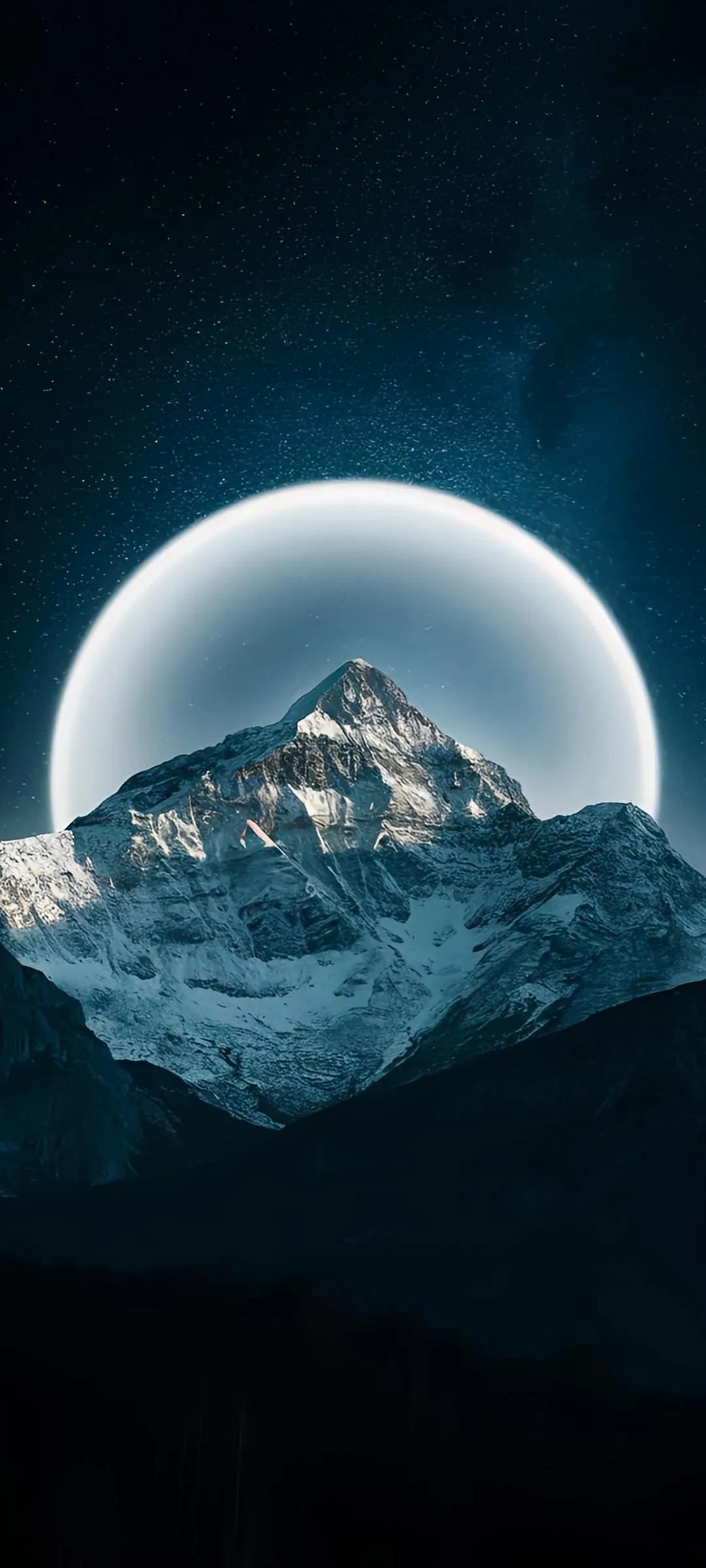 Glowing Moon Above Snowy Mountain Peak Scene Wallpaper
