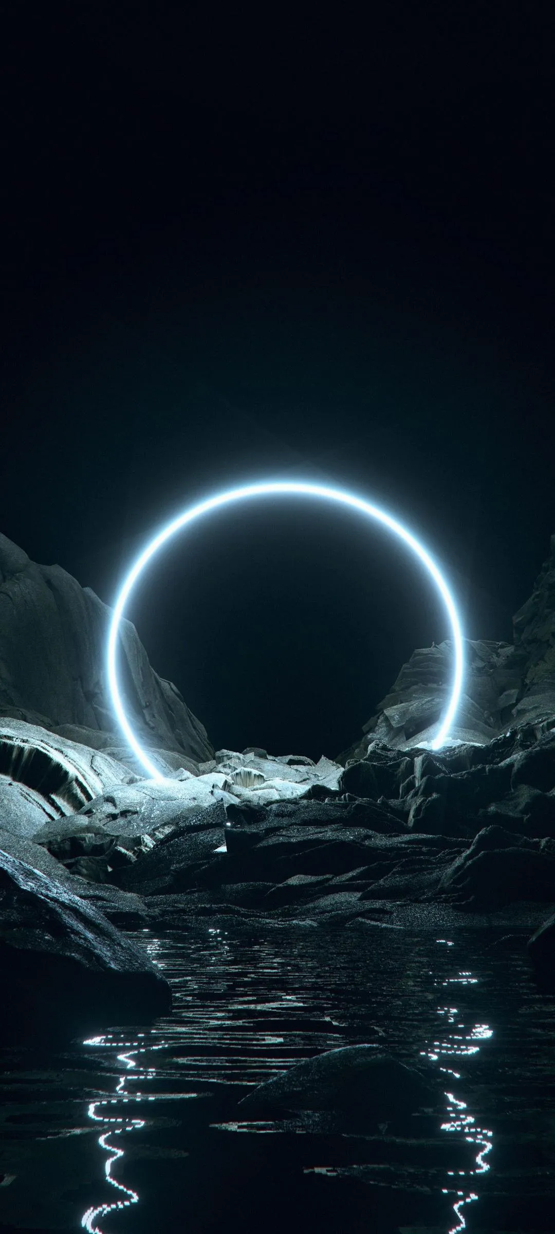 Glowing Neon Ring Over Ocean Water Under Dark Skies