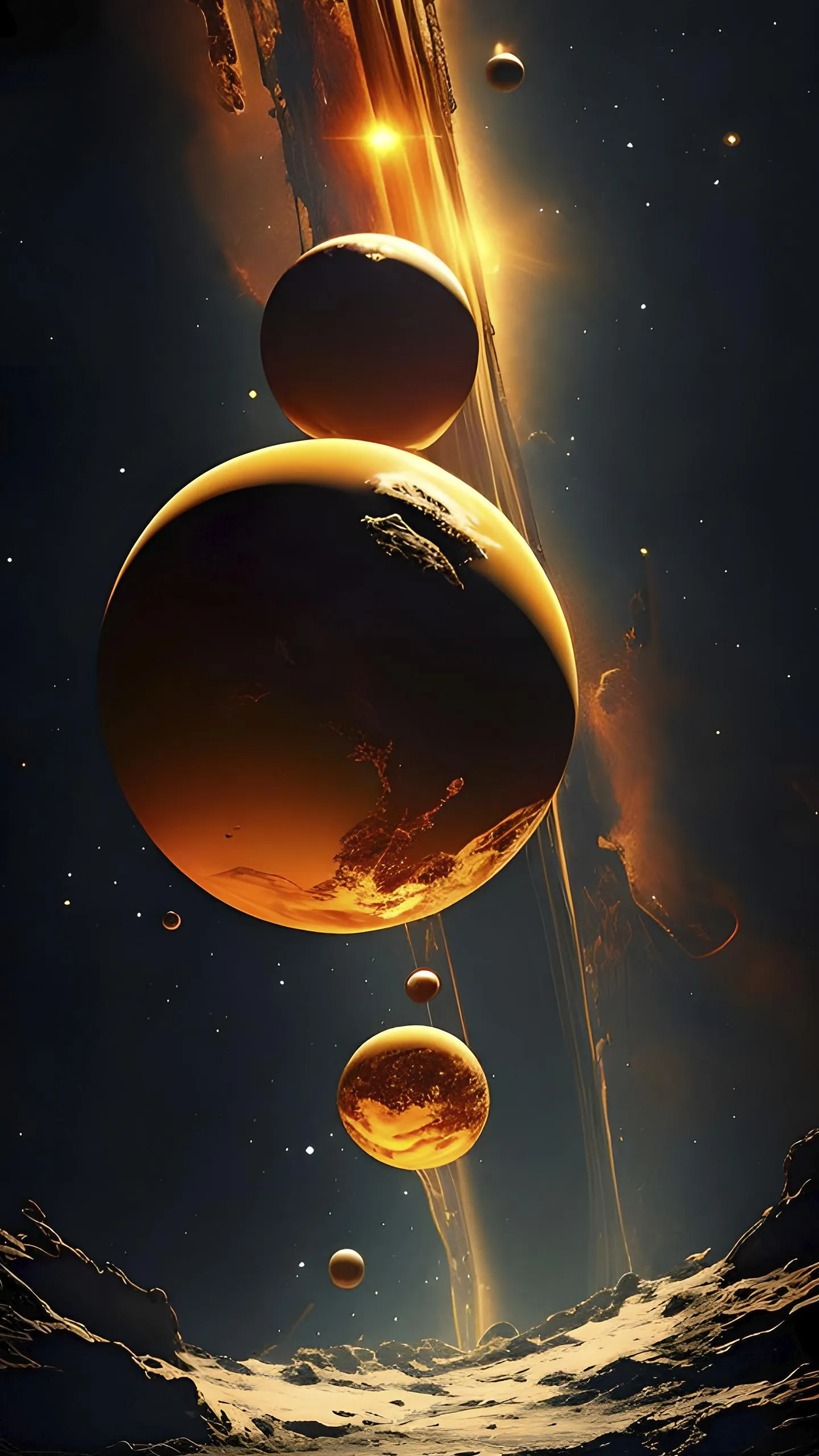 Glowing Orange Planets in Deep Space Dark Sky Scene