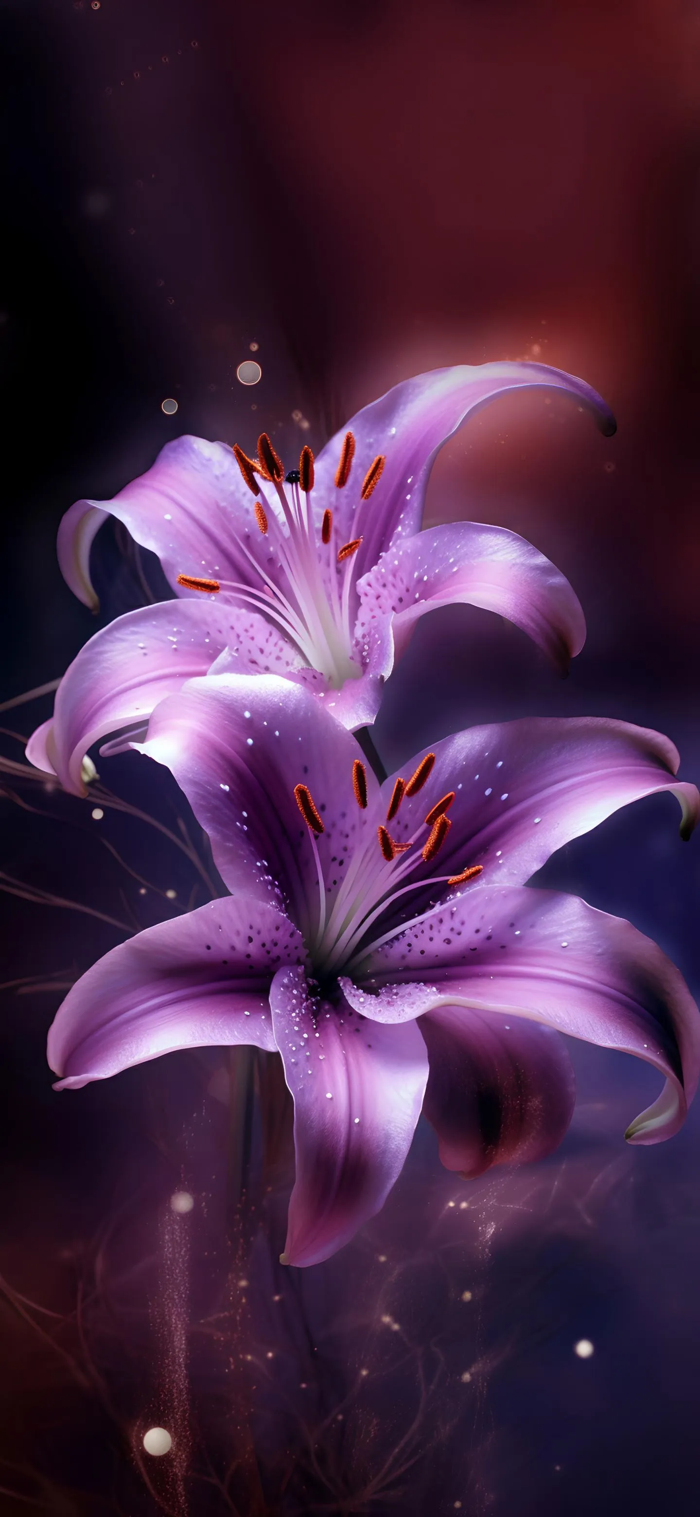 Glowing Purple Flowers with Sparkles and Bokeh Light
