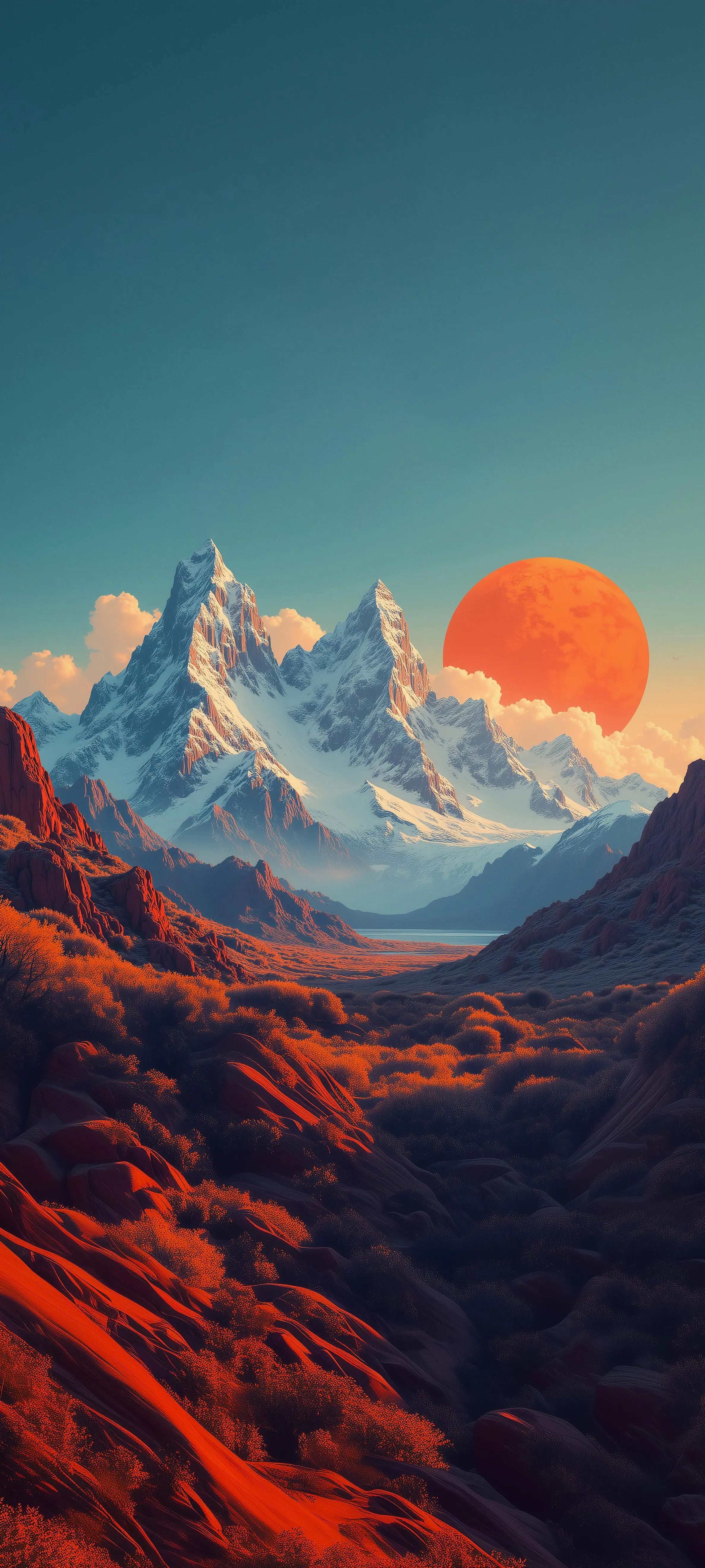 Glowing Sun Behind Snowy Mountain in Red Sunset Light