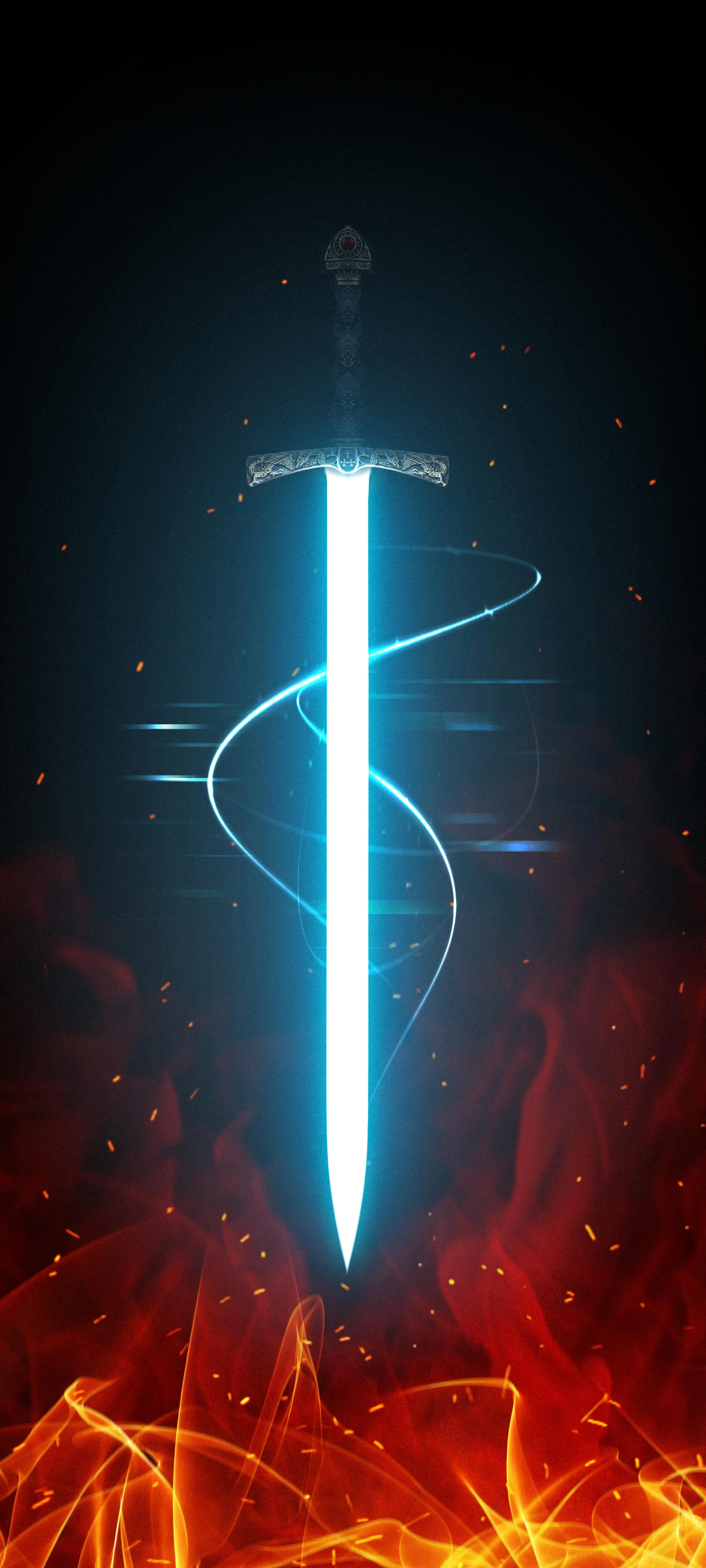 Glowing Sword with Fire and Lightning Effects Wallpaper