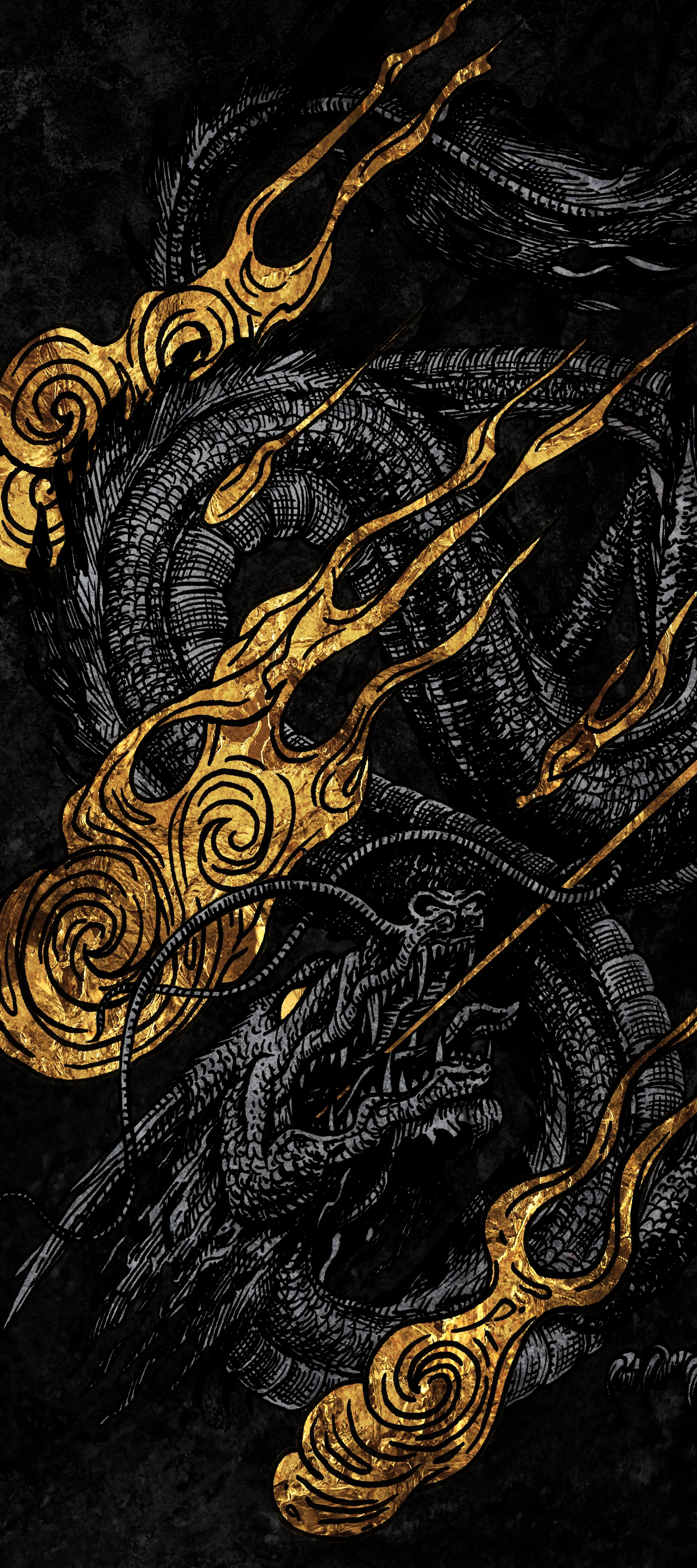 Gold Dragon Illustration on Dark Textured Background 4K Image