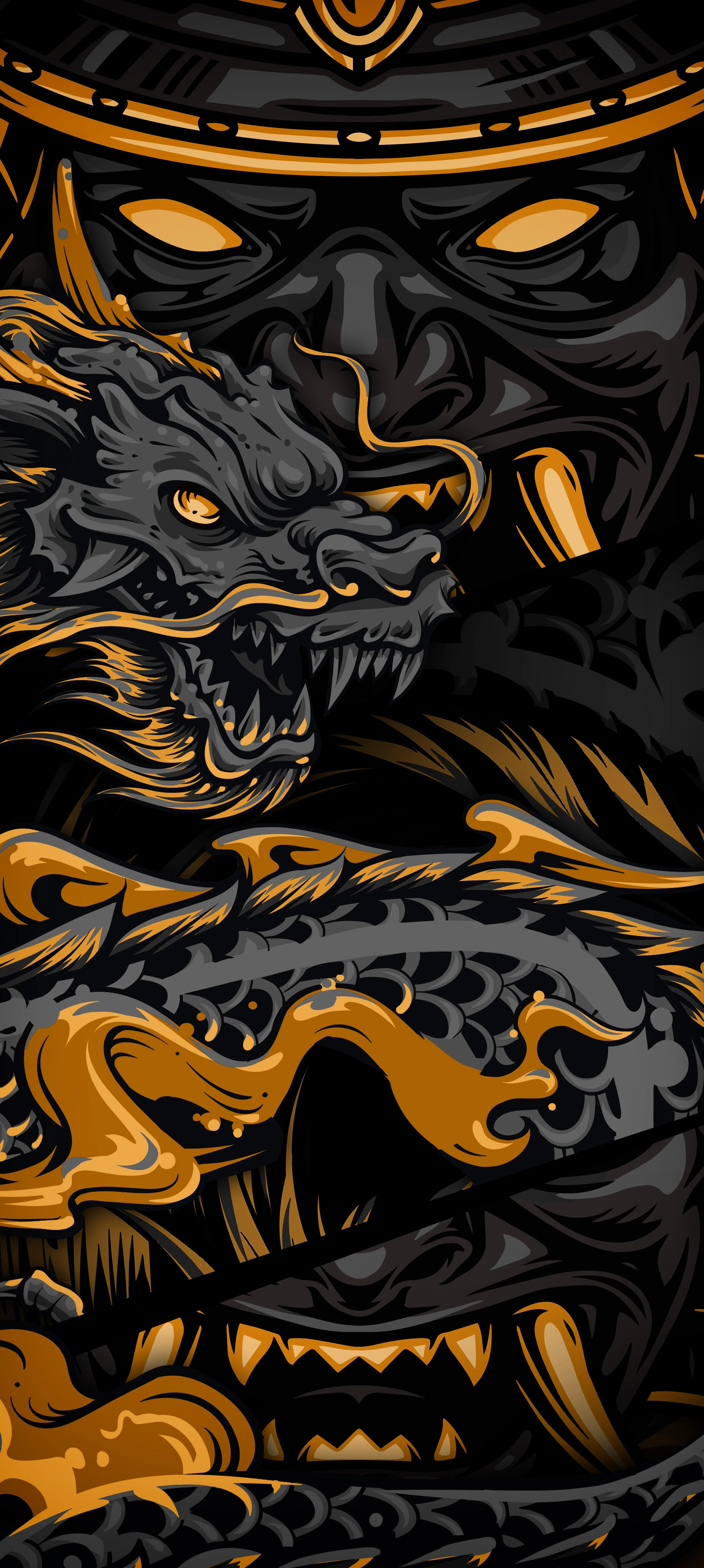 Golden Black Abstract Dragon Design in Ornamental Art