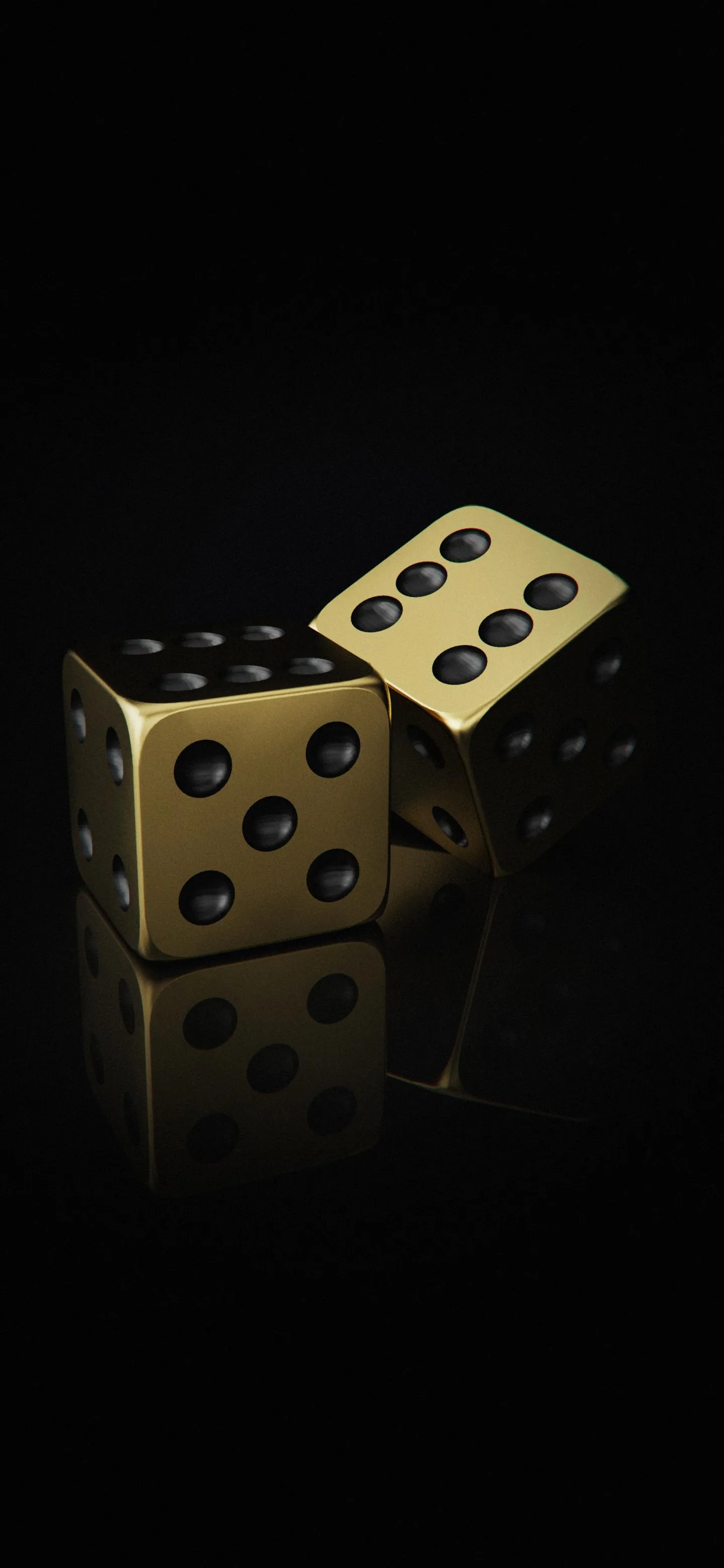 Golden Dice on Black Background with Spotlight Shadow