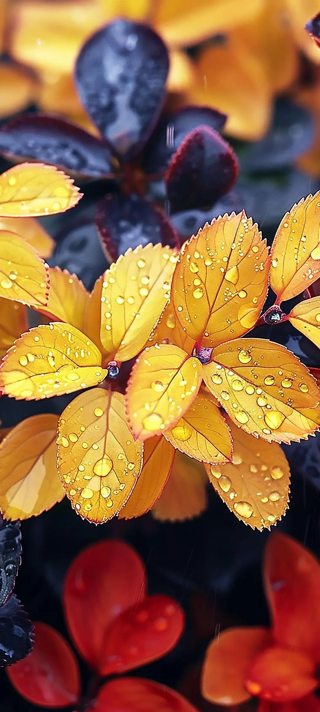 Golden Leaves with Rain Drops in a Calm Natural Scene