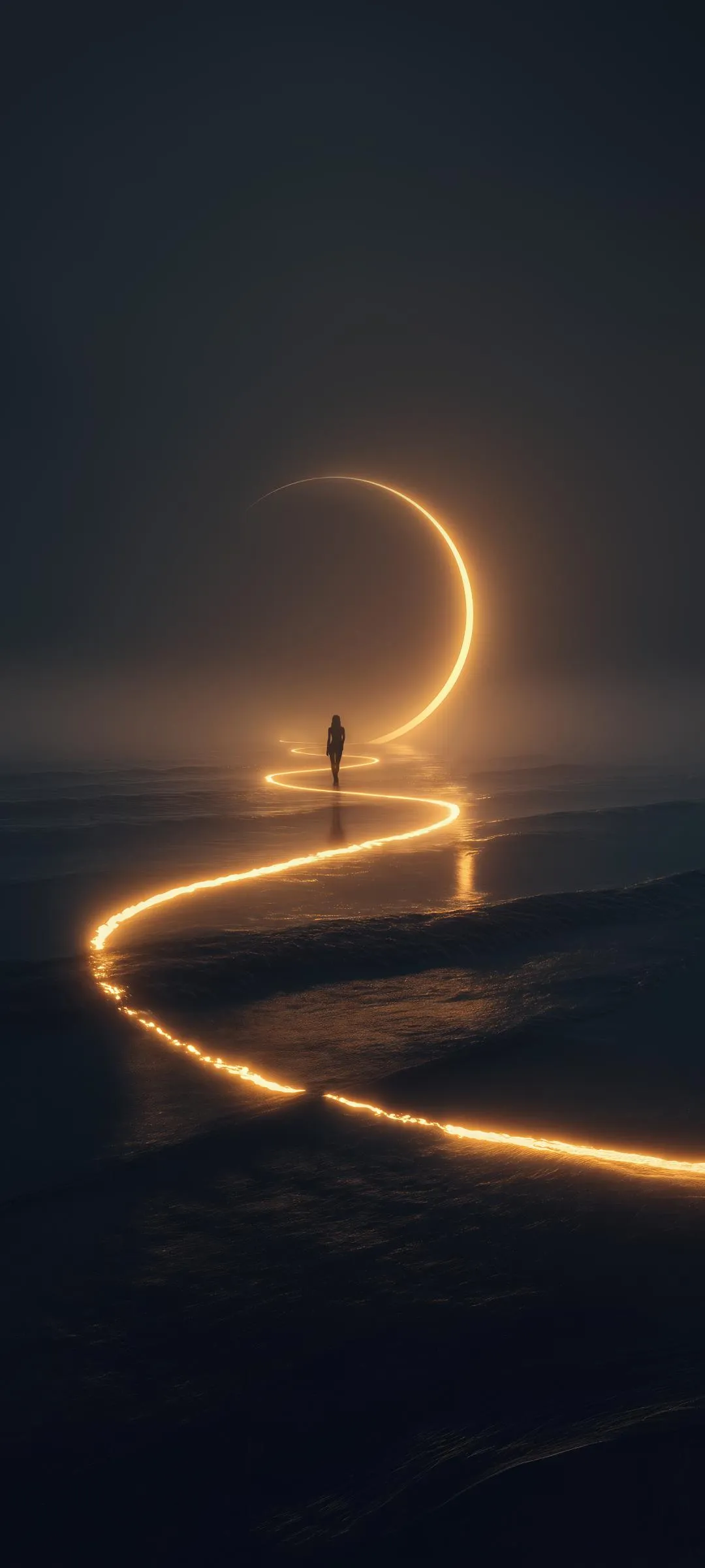 Golden Light Pathway at Night Scenic Background Wallpaper