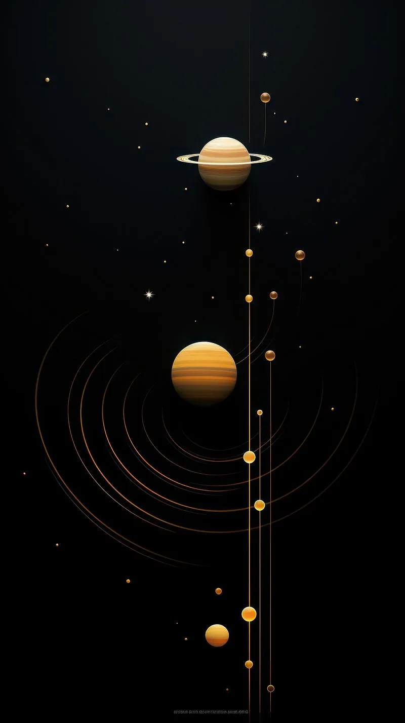 Golden Planet System Floating in Deep Black Space Image