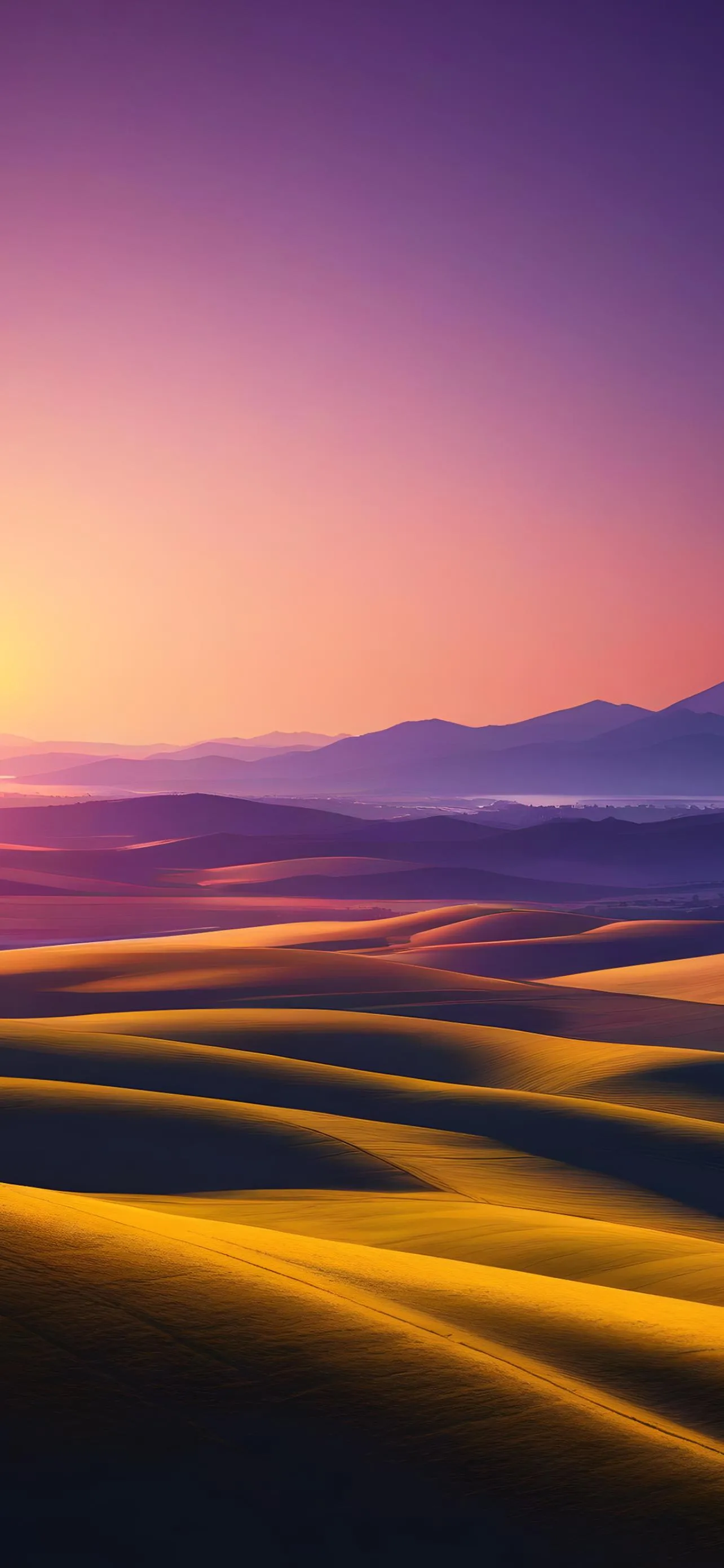 Golden Sand Dunes Under Purple And Pink Sunset Sky