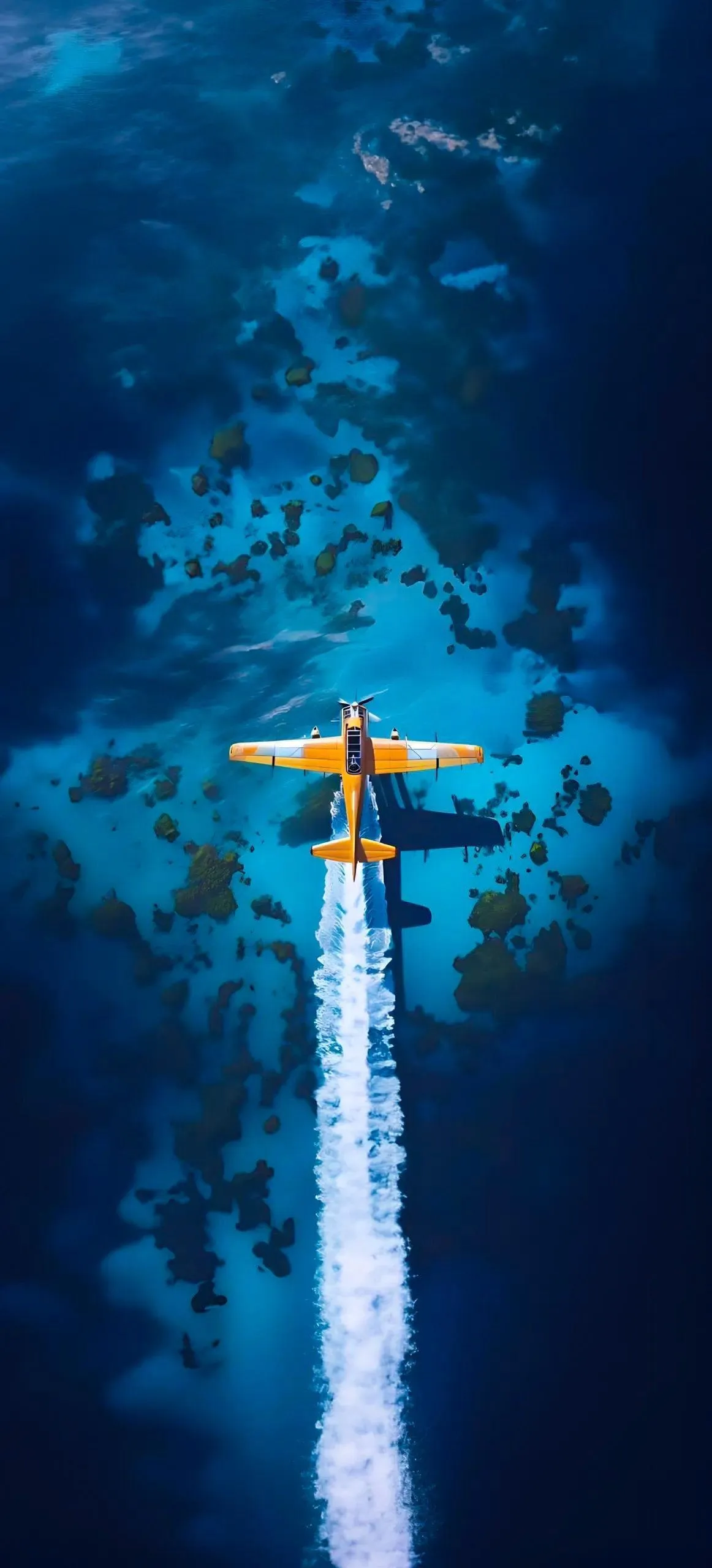 Golden Seaplane Flying over Crystal Blue Ocean Waters