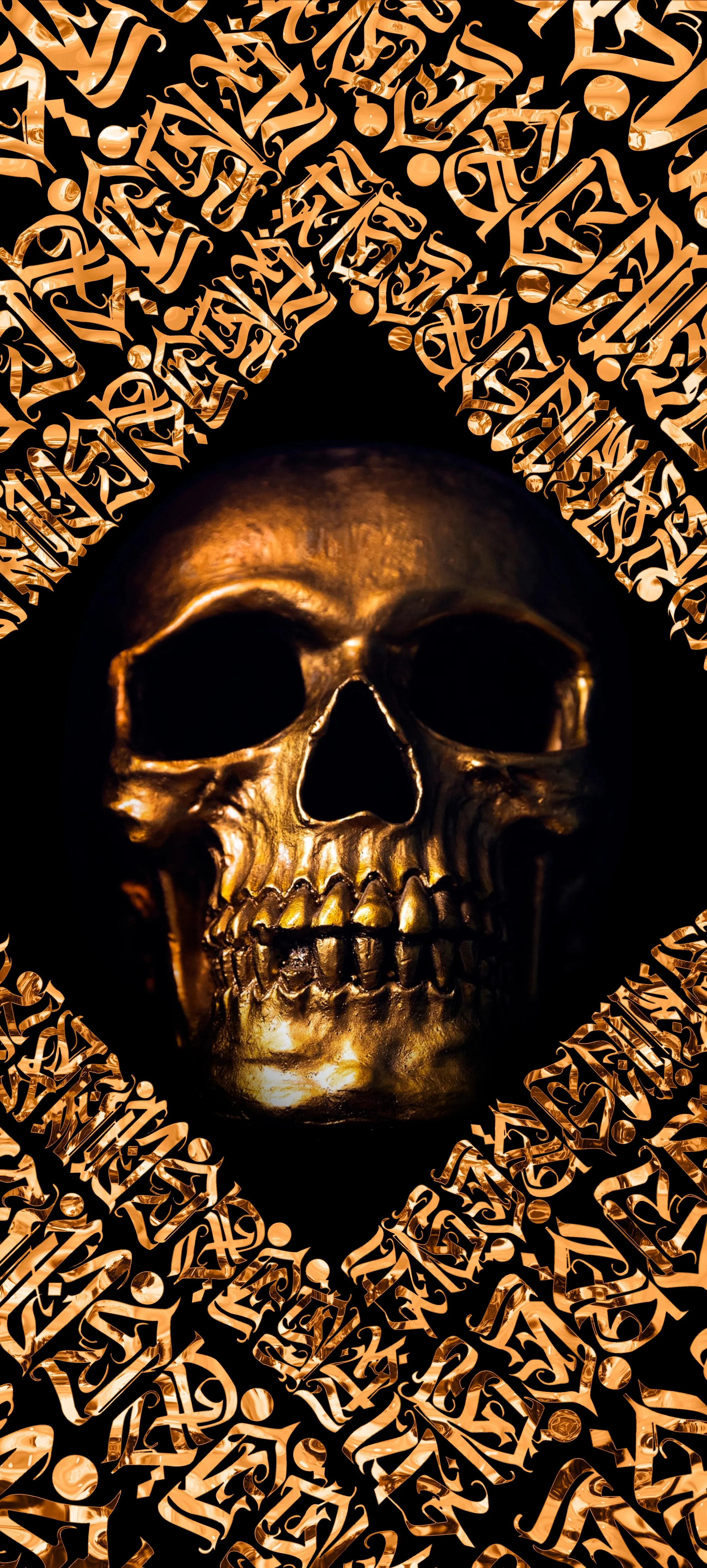 Golden Skull on Black Background with Patterned Frame